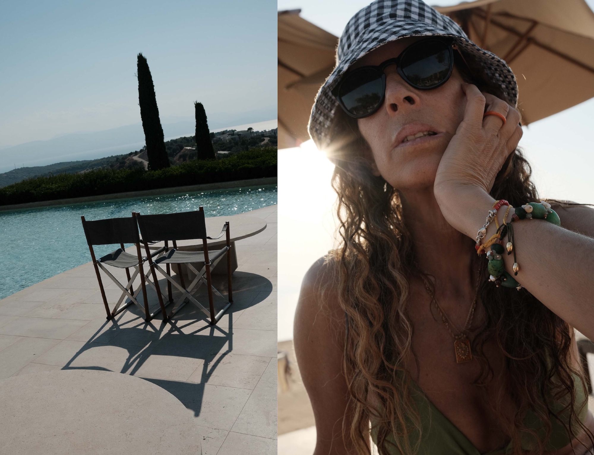 Poolside director's chairs and gingham hat at Amanzoe