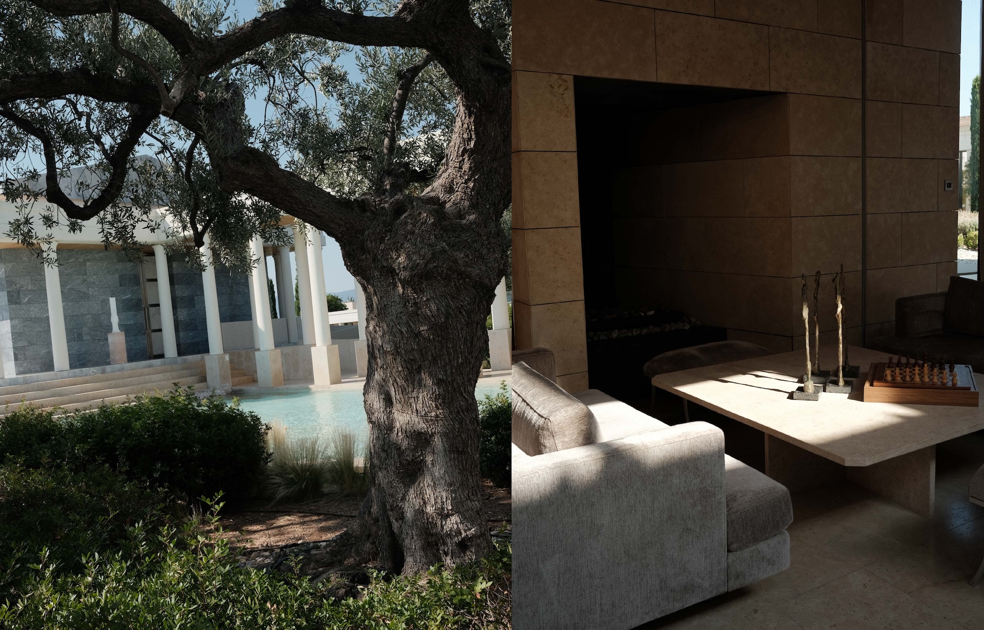 Amanzoe olive tree, colonnade and fireplace lounge