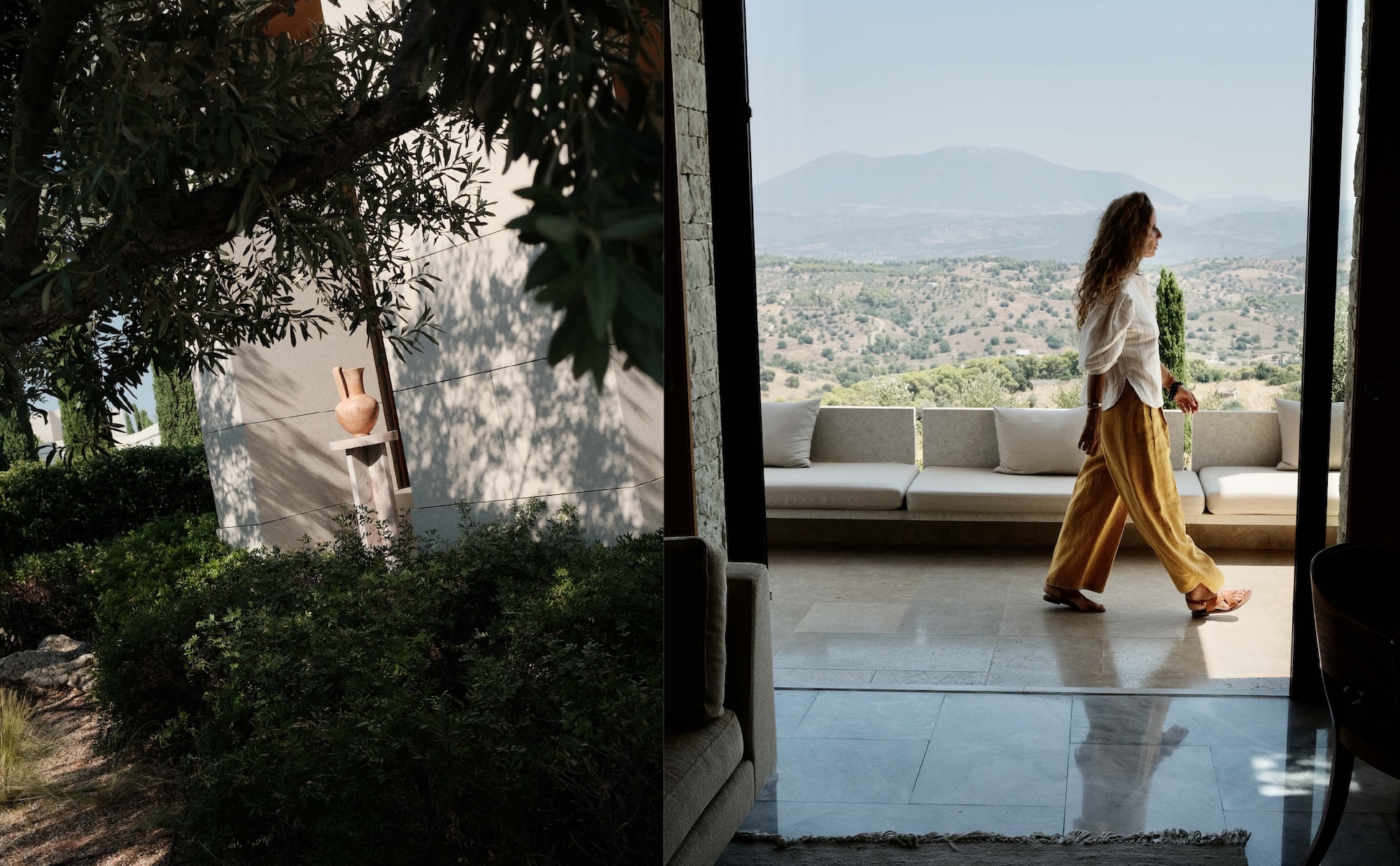 Clay vessel in shadow and terrace walk in yellow linen at Amanzoe