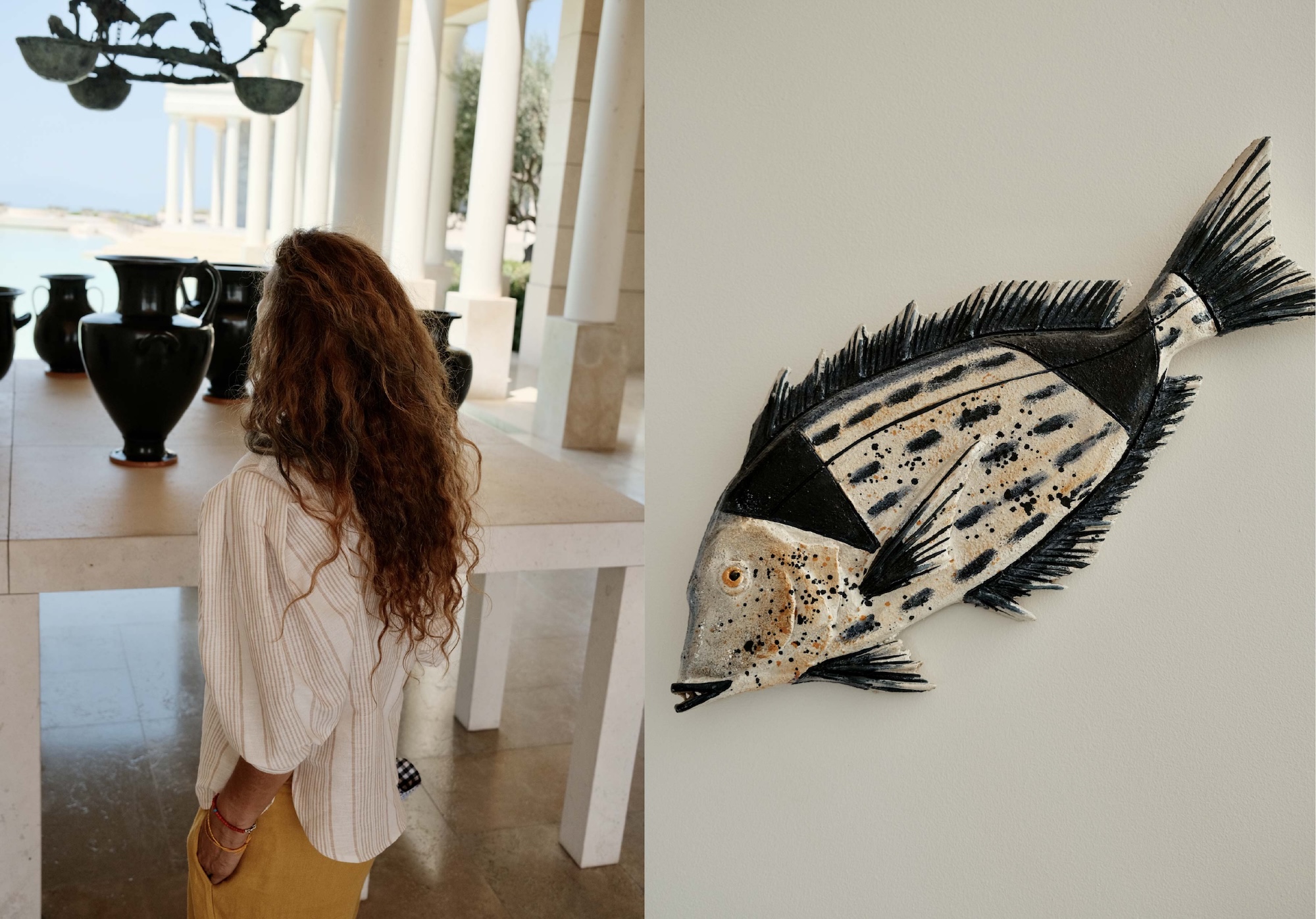 Black-glazed Greek pottery and ceramic fish sculpture at Amanzoe