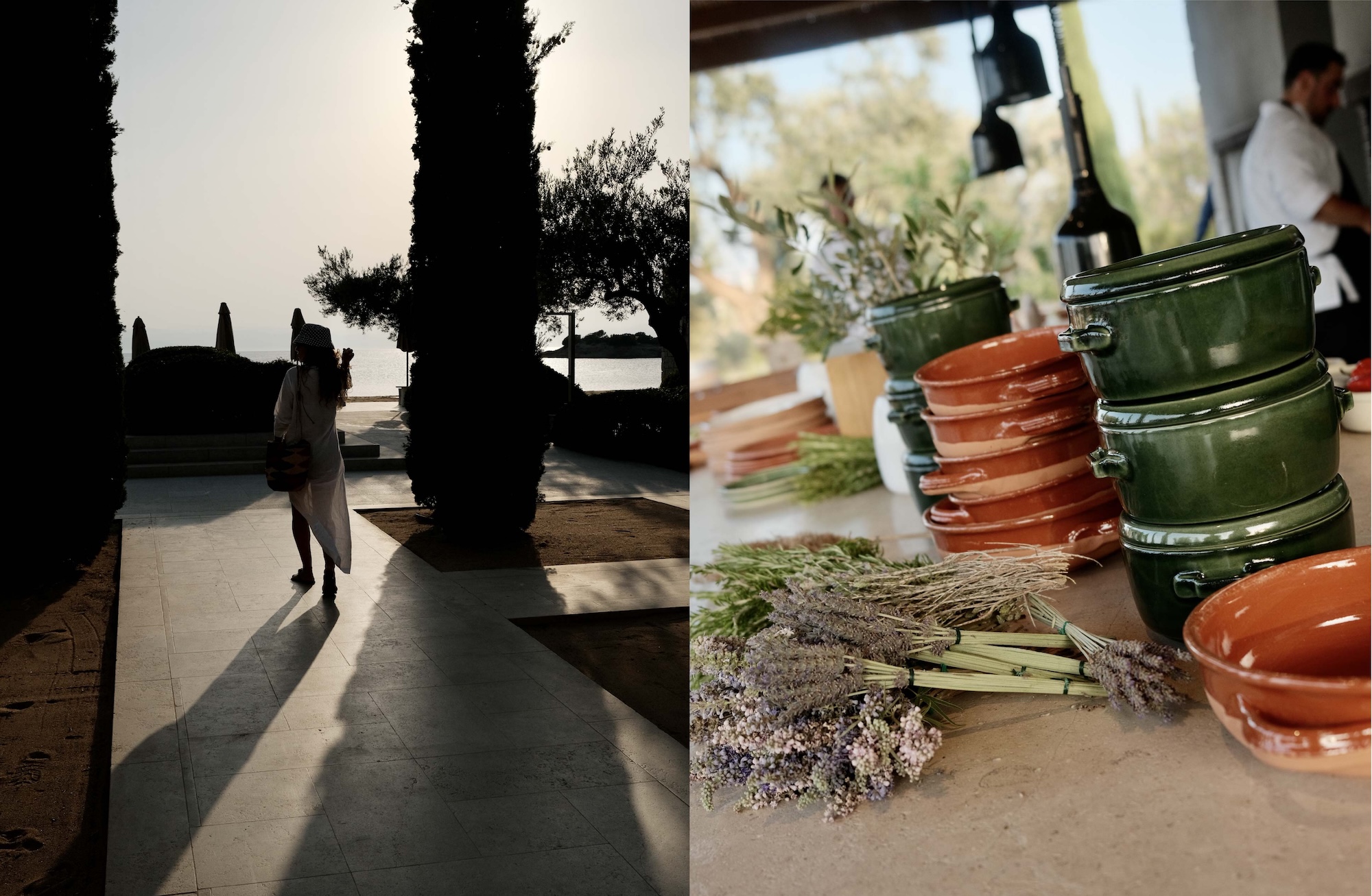 Dusk walk and terracotta vessels with lavender at Amanzoe