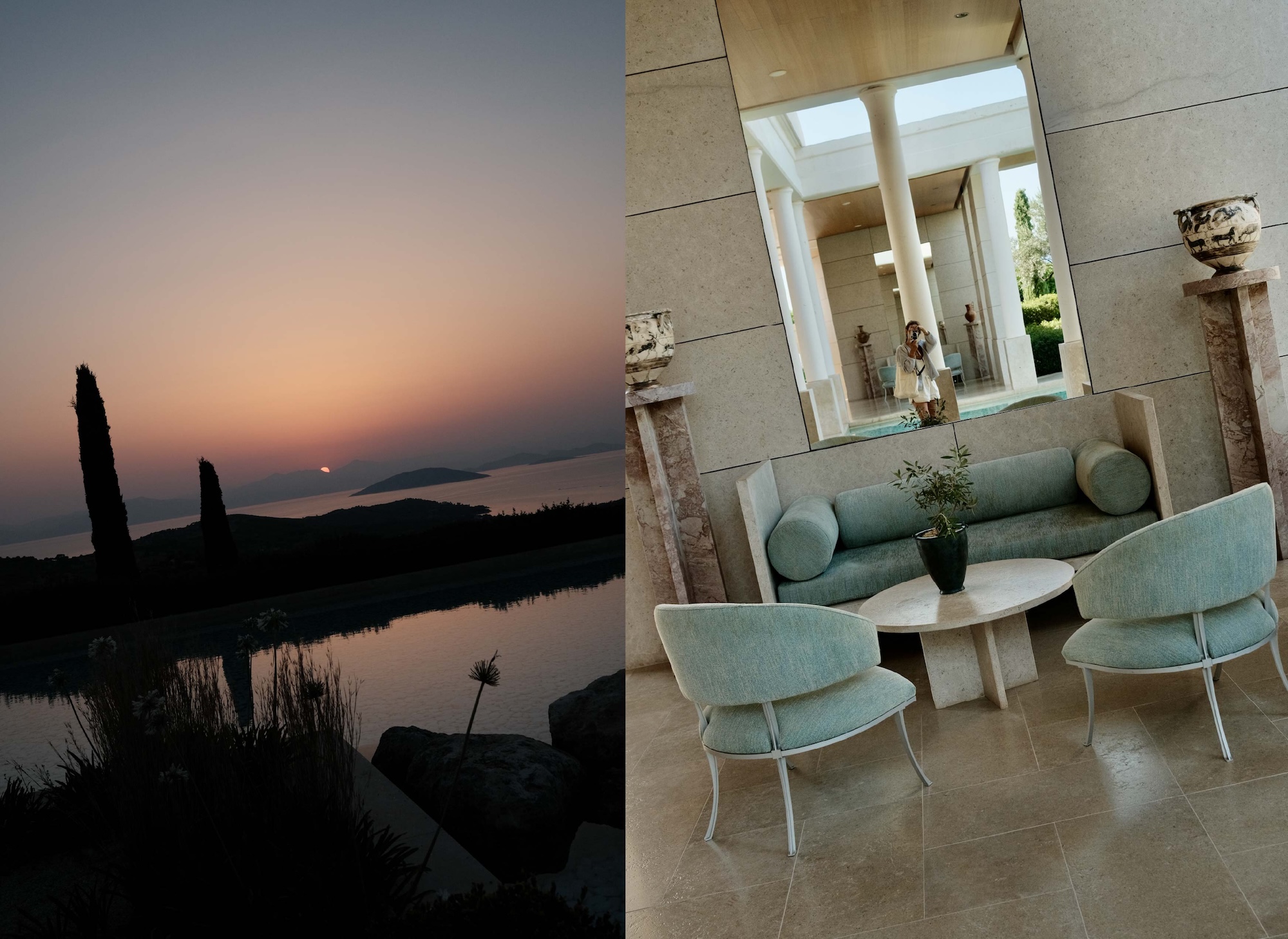 Sunset over Porto Heli and Amanzoe colonnade reflection
