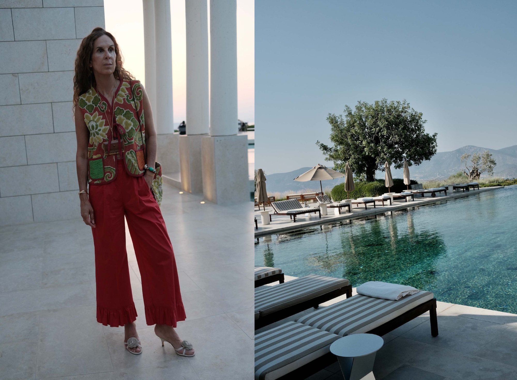 Embroidered vest portrait and poolside loungers at Amanzoe