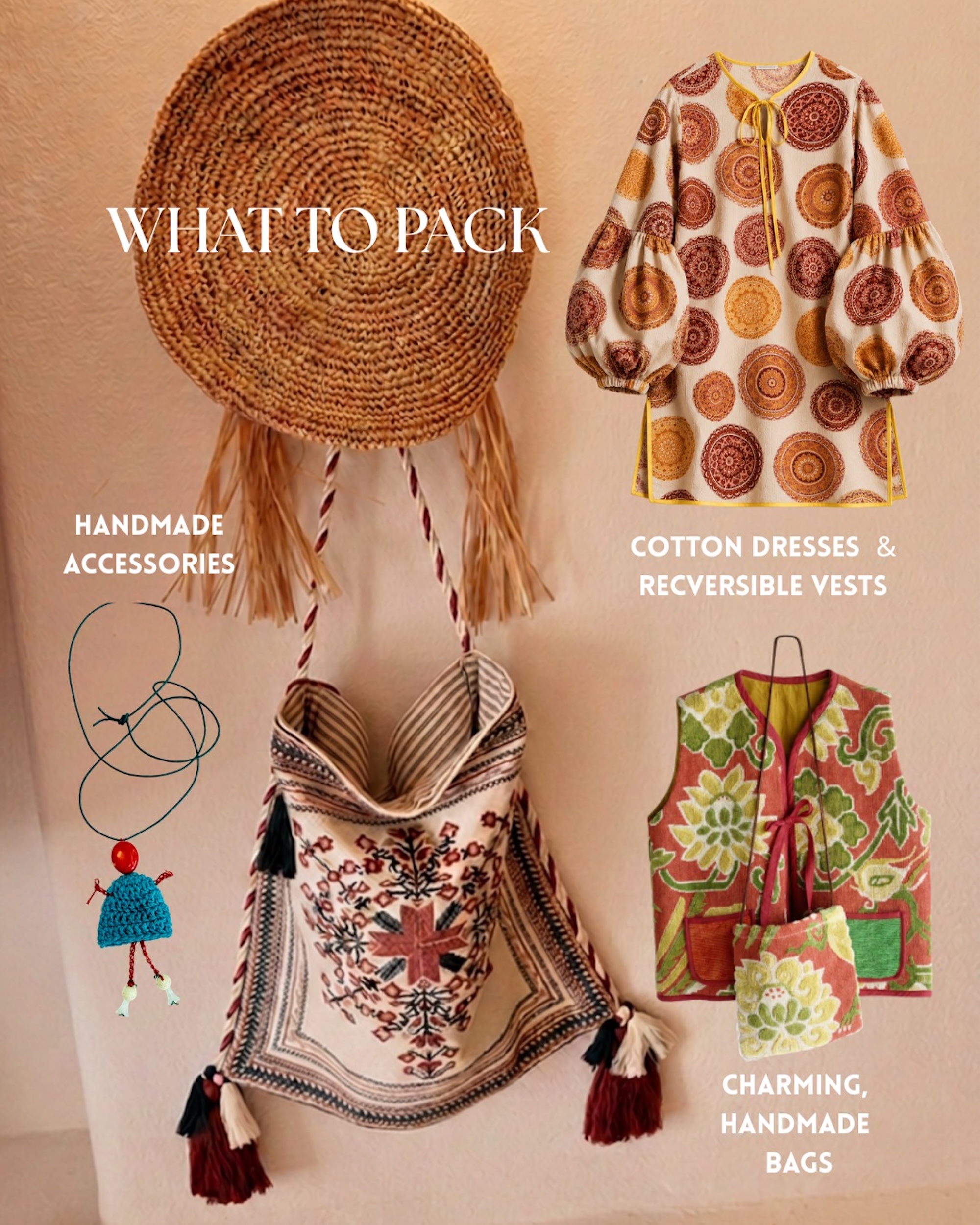 What to pack for Antiparos: straw bag, cotton dress, reversible vest