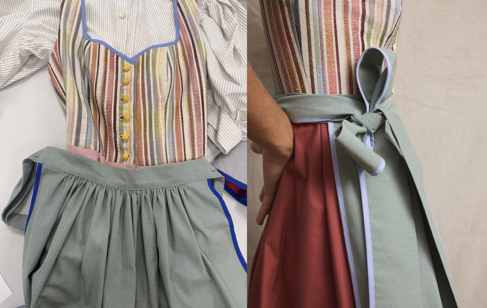 Dirndl Paula with the mocha-striped puff-sleeve blouse
