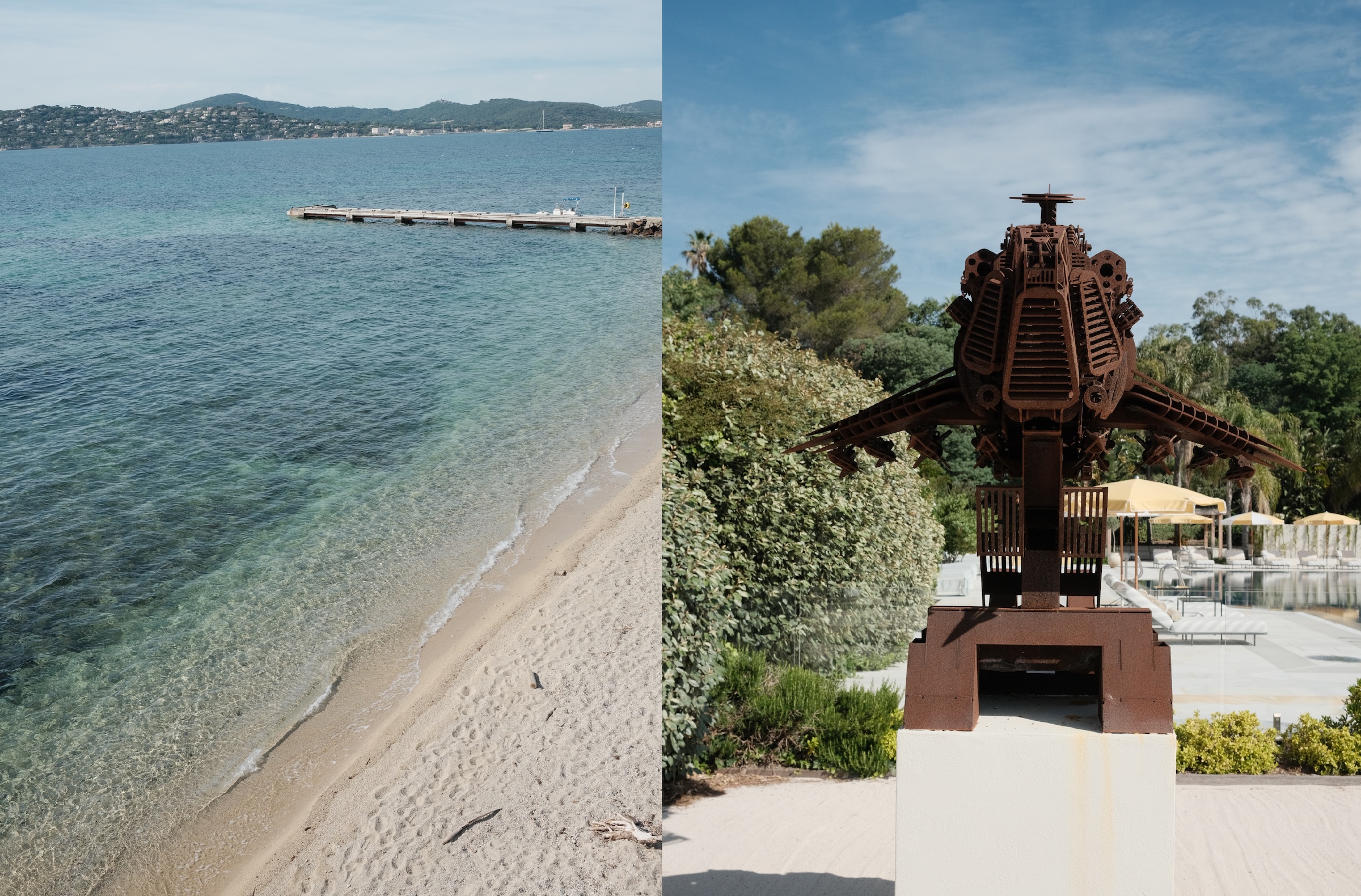 Shallow water and sculpture on the private beach at COMO Le Beauvallon