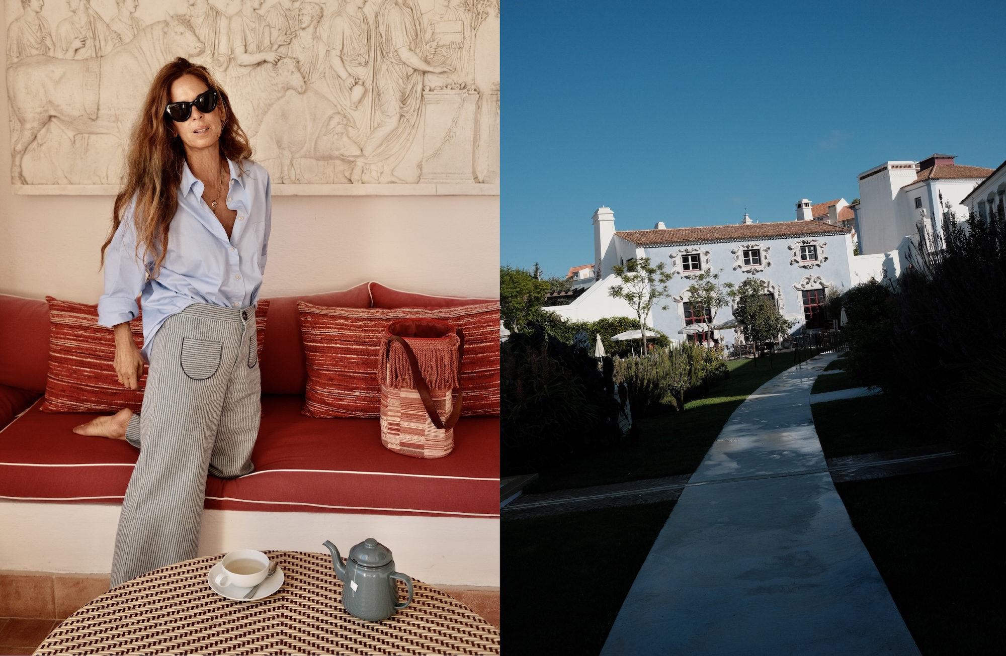 Carolina Irving on a red banquette beside the whitewashed exterior of Vermelho hotel