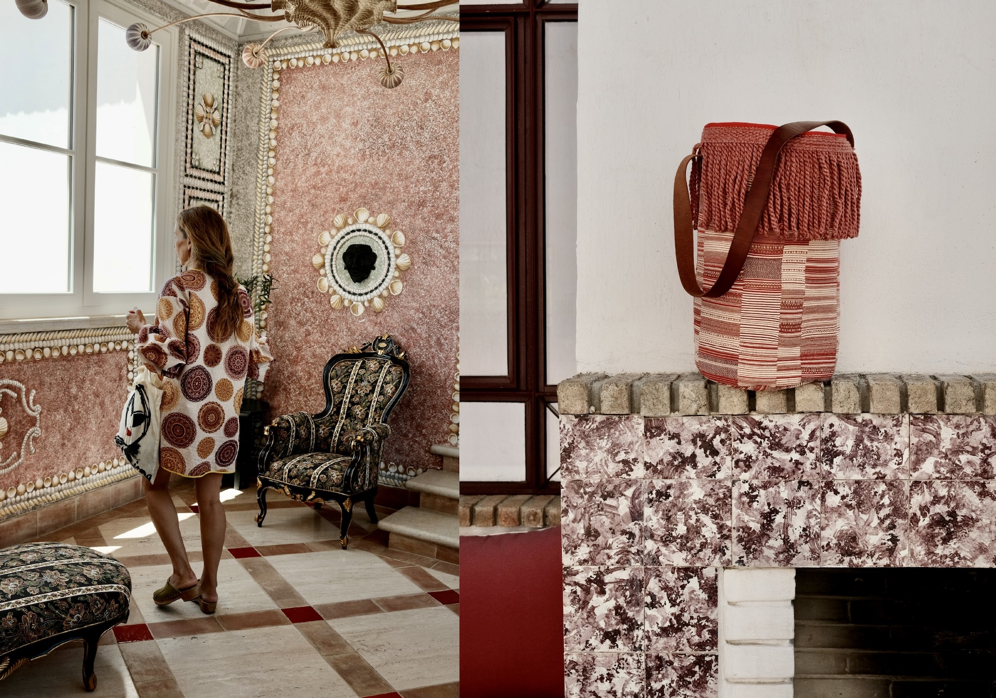 Shell mosaic wall alcove beside a red fringed woven tote bag