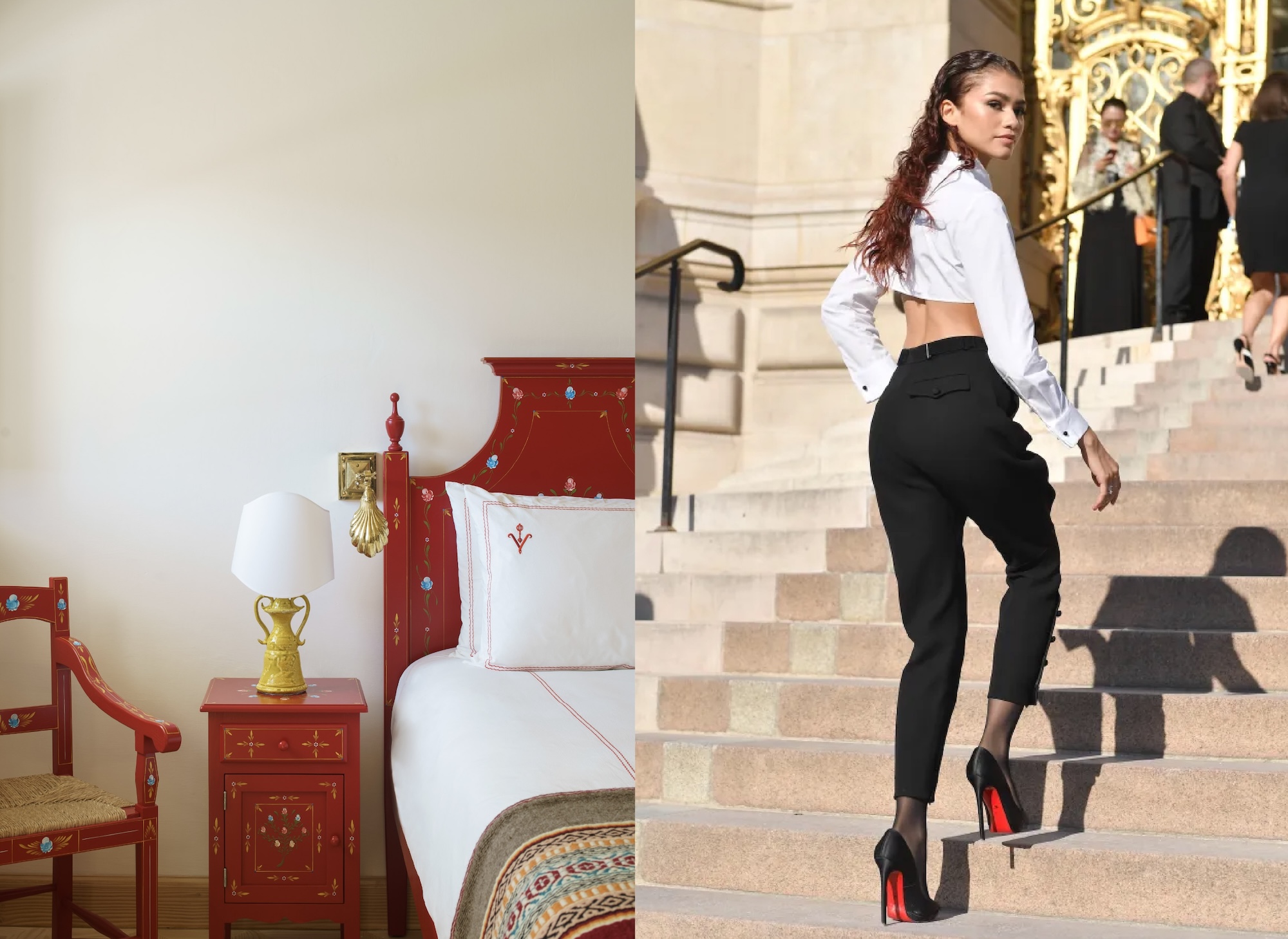 Red painted bedroom nightstand beside a photo of red soled heels on stone stairs