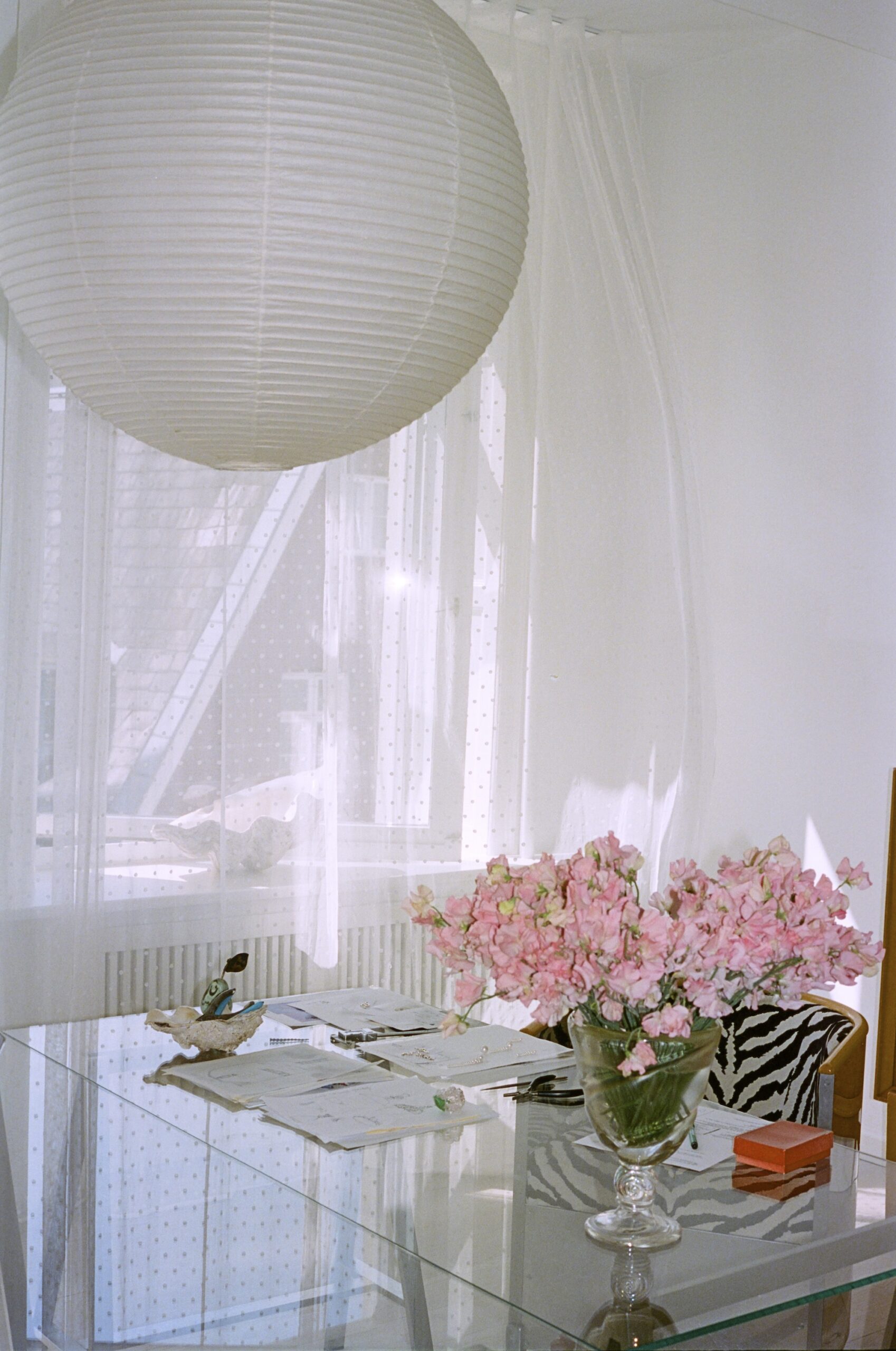 Sunlight filtering through sheer curtains onto a glass desk with pink sweet peas and a paper lantern overhead