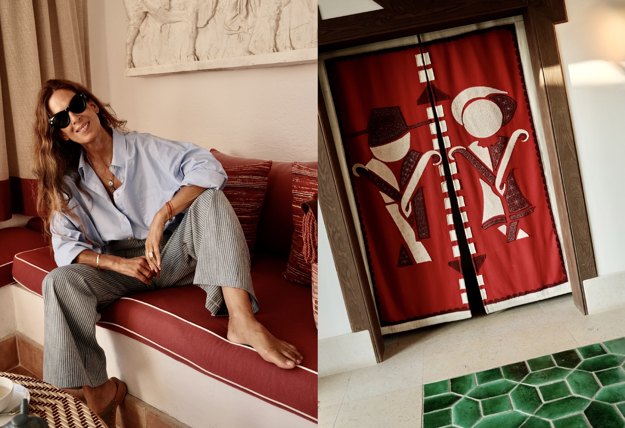 Carolina Irving seated on a red banquette next to a red and cream tapestry
