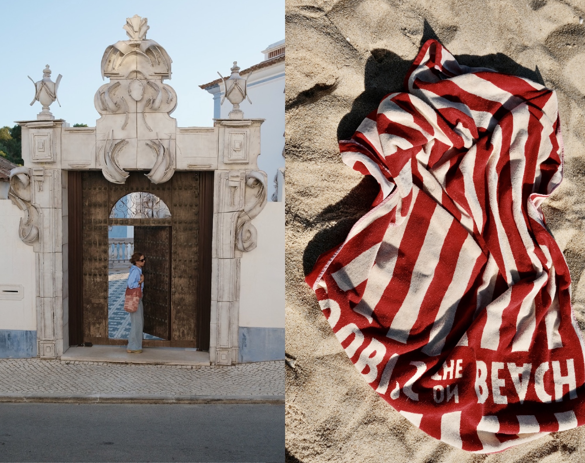 Ornate stone gate entrance at Vermelho hotel with red and white striped beach towel