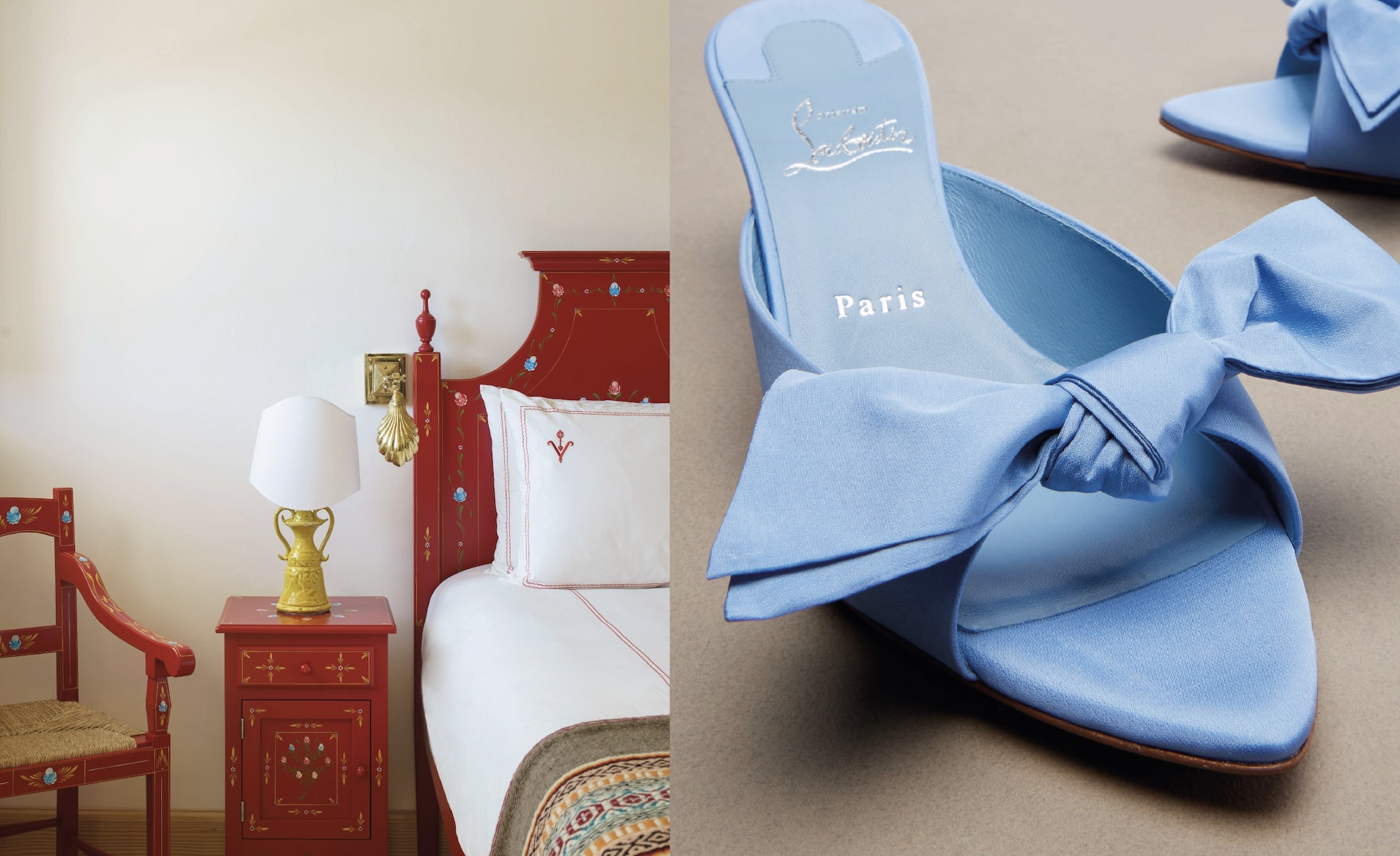 Red bedroom nightstand beside pale blue Christian Louboutin Paris bow mules