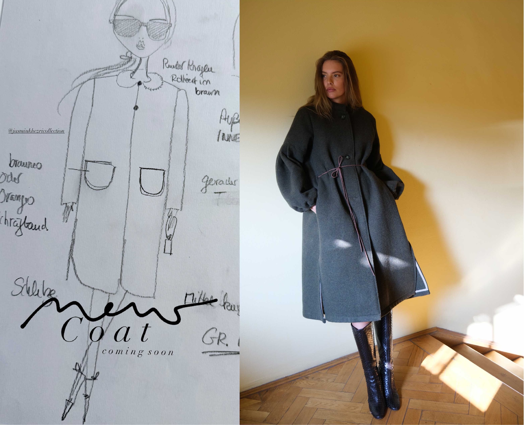 Men's coat sketch and Loden Coat Harriett, Jasmin Khezri Collection Fall/Winter 2026