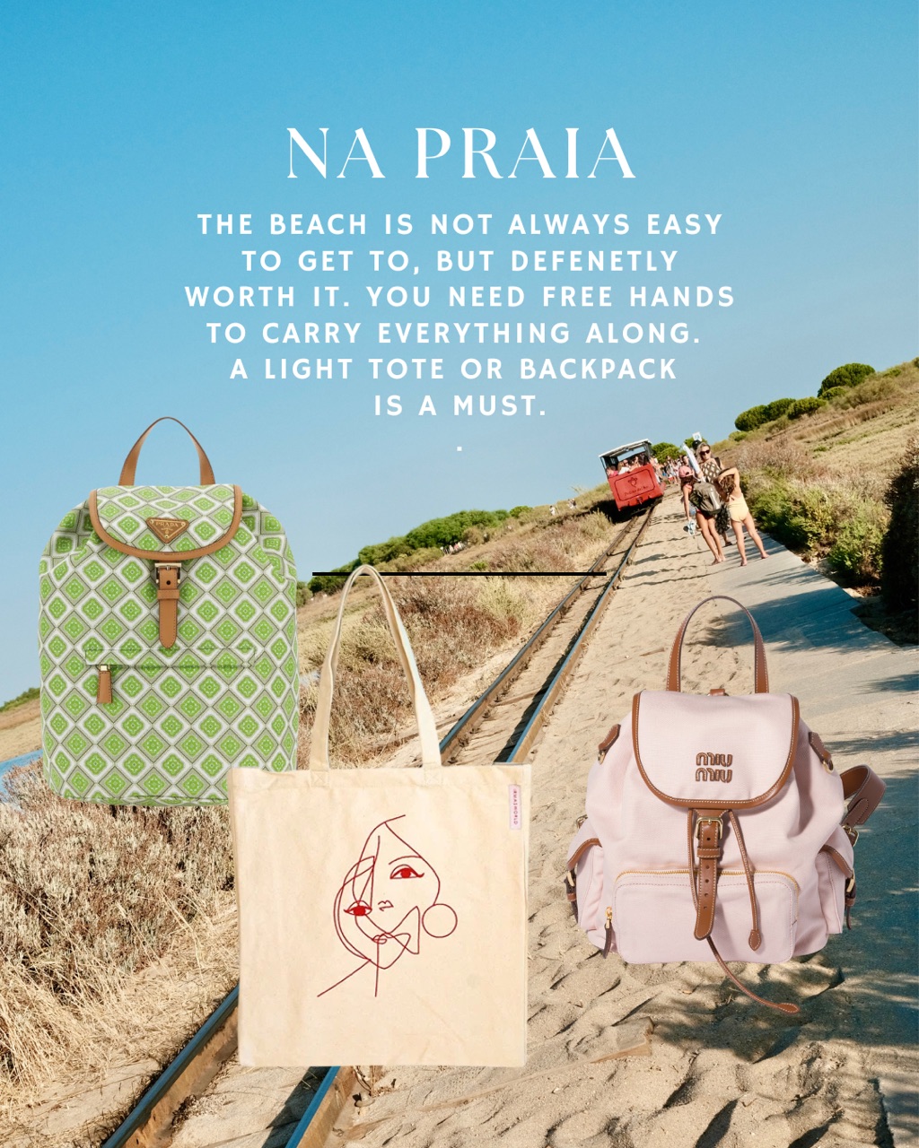 Backpacks and totes on the dunes near the little train