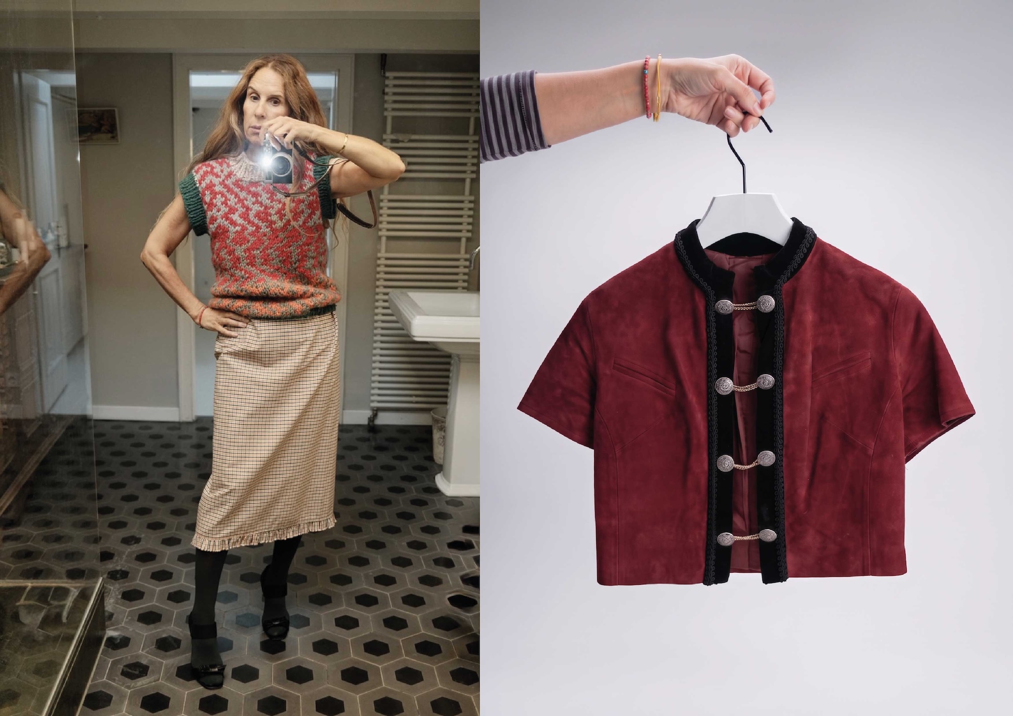 Hand knitted sleeveless sweater with the checked pencil skirt Mady, next to a burgundy suede Trachtenjacke from the 1970s with black velvet trim and silver buttons