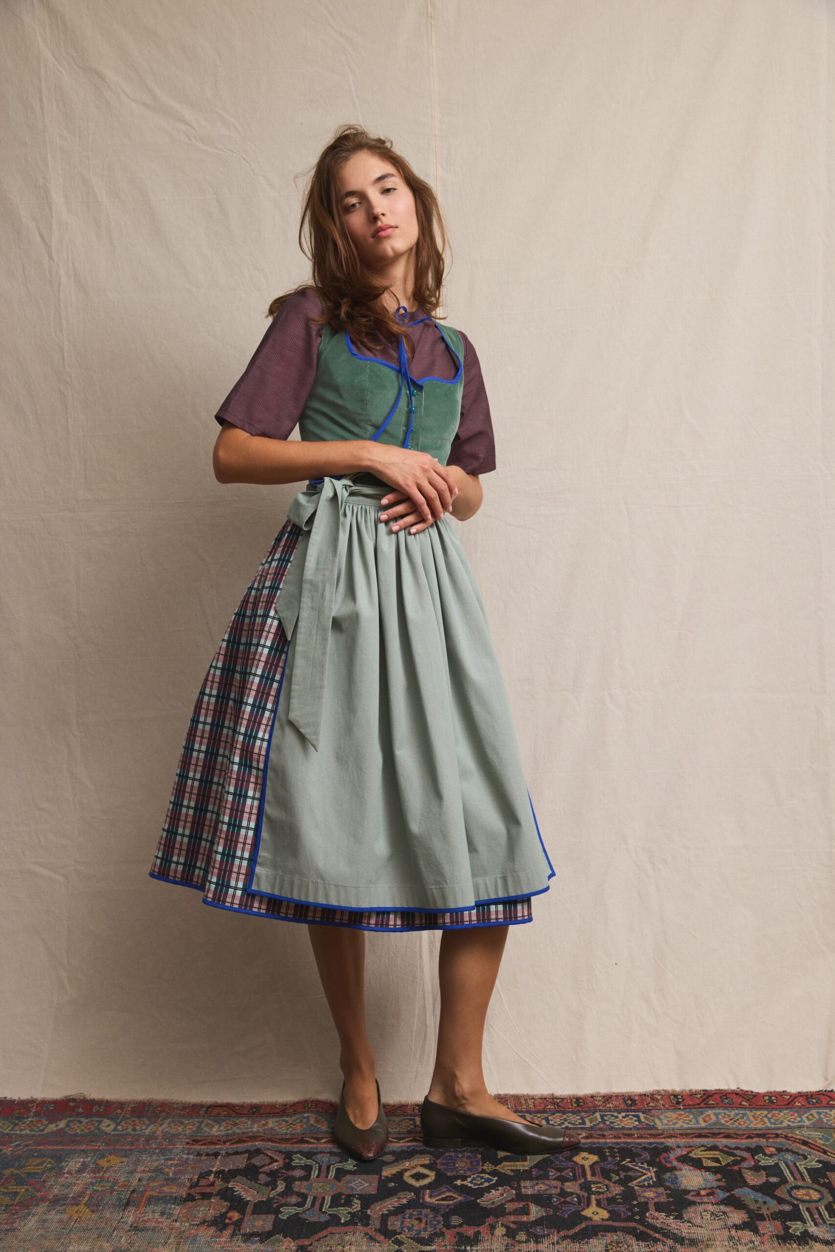 Dirndl Franja with green corduroy bodice, checked skirt, sage apron and blue piping