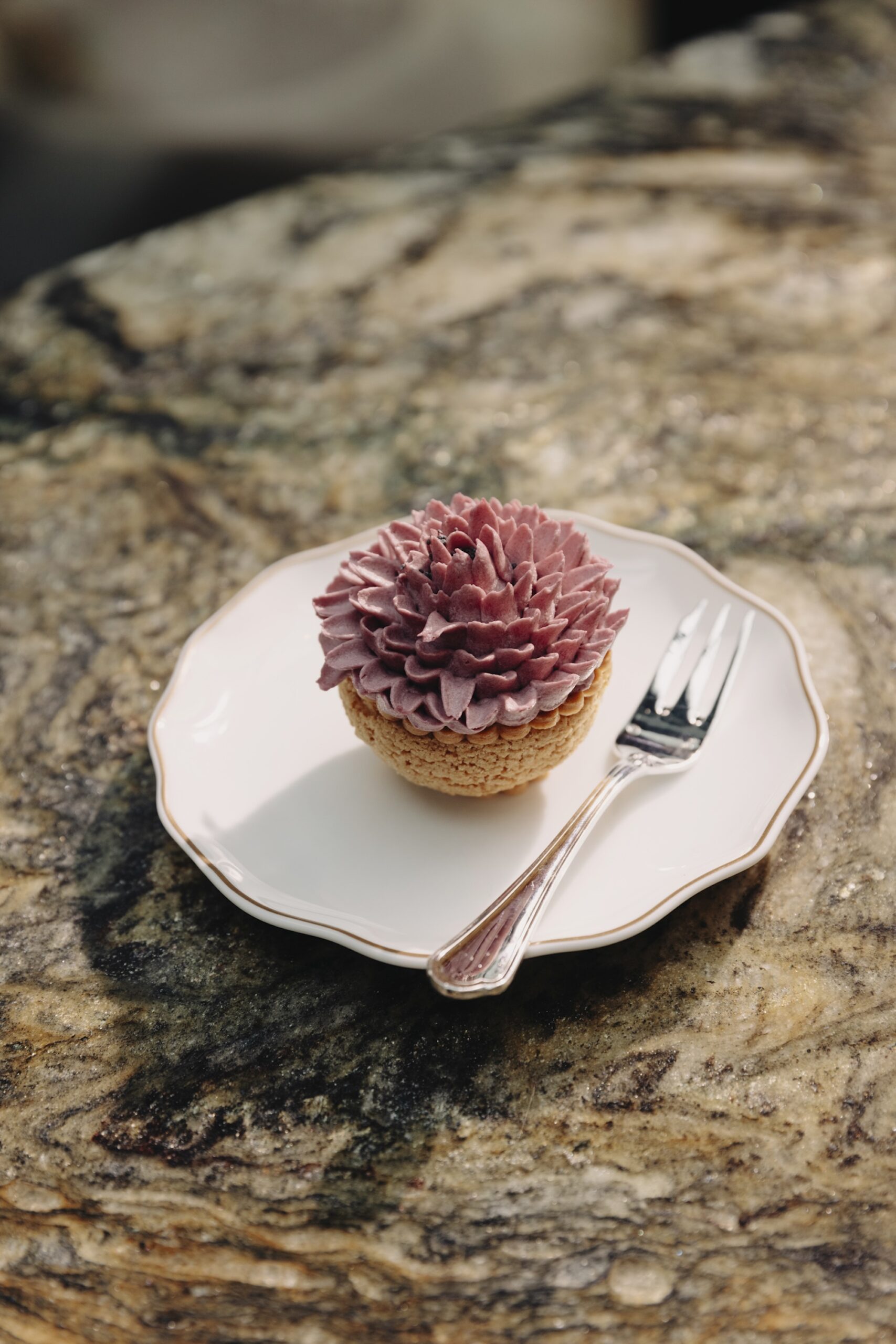 A dahlia shaped pastry at the Wintergarten Afternoon Tea, Rosewood Munich