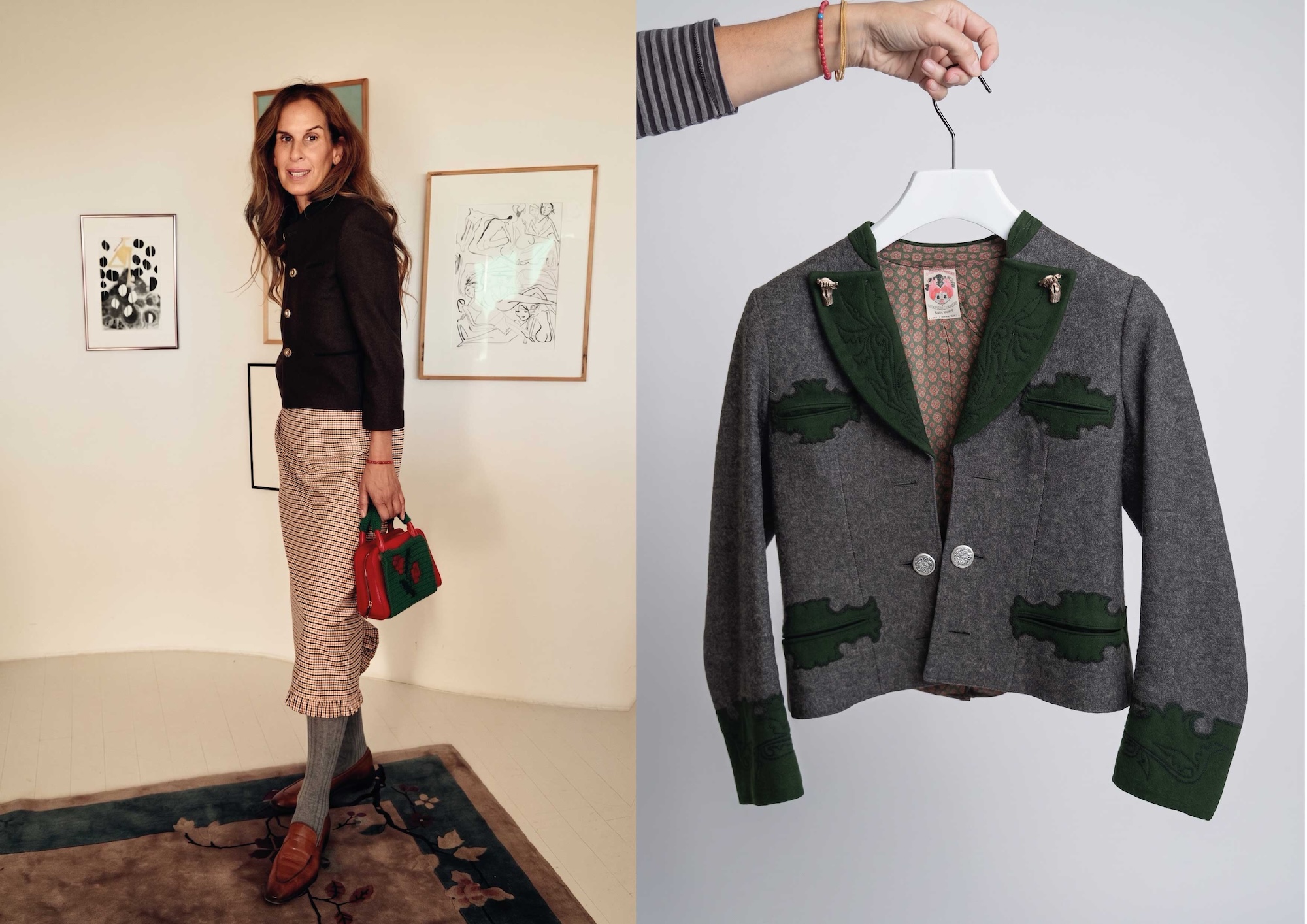 Trachtenjacke with checked skirt, grey Trachten socks, brown loafers and a red crocheted bag, next to a grey vintage Loden jacket with green appliqued leaves