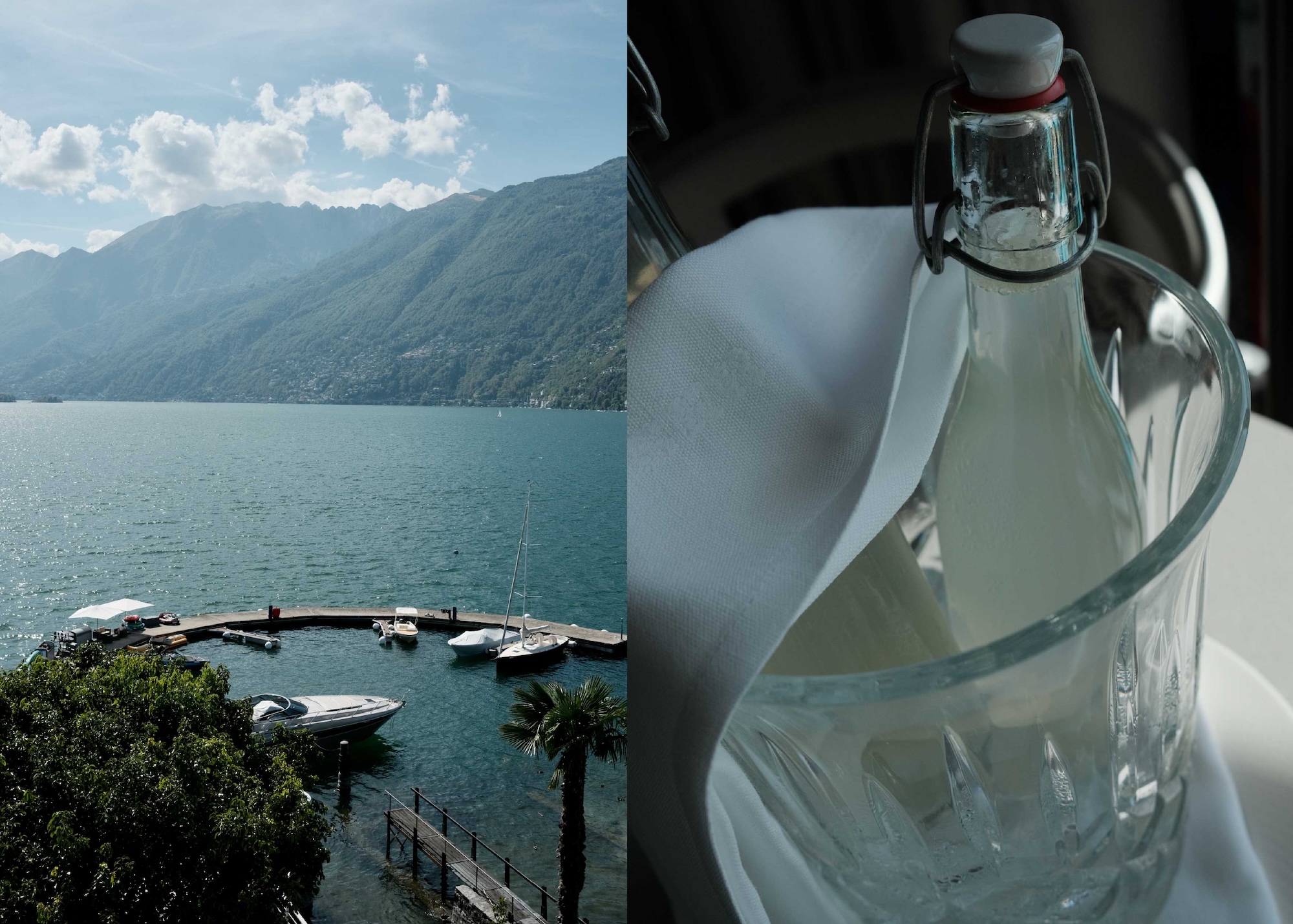 The hotel's marina seen from above, boats moored in a circle, and a chilled bottle on a dinner table