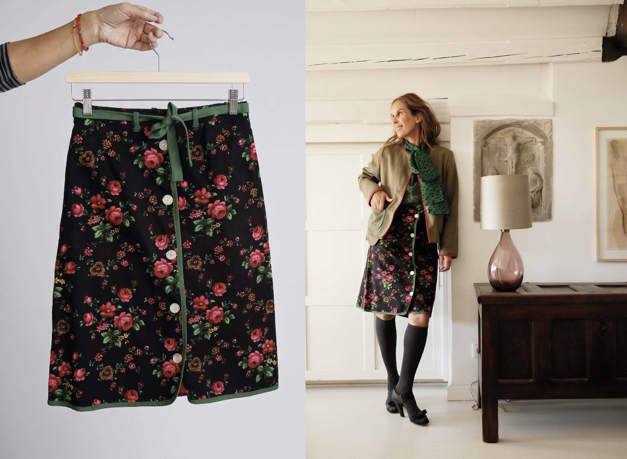 Vintage black cotton Trachten skirt with rose print, silver buttons and green ribbon trim, worn with a Trachtenjacke and green polka dot silk blouse