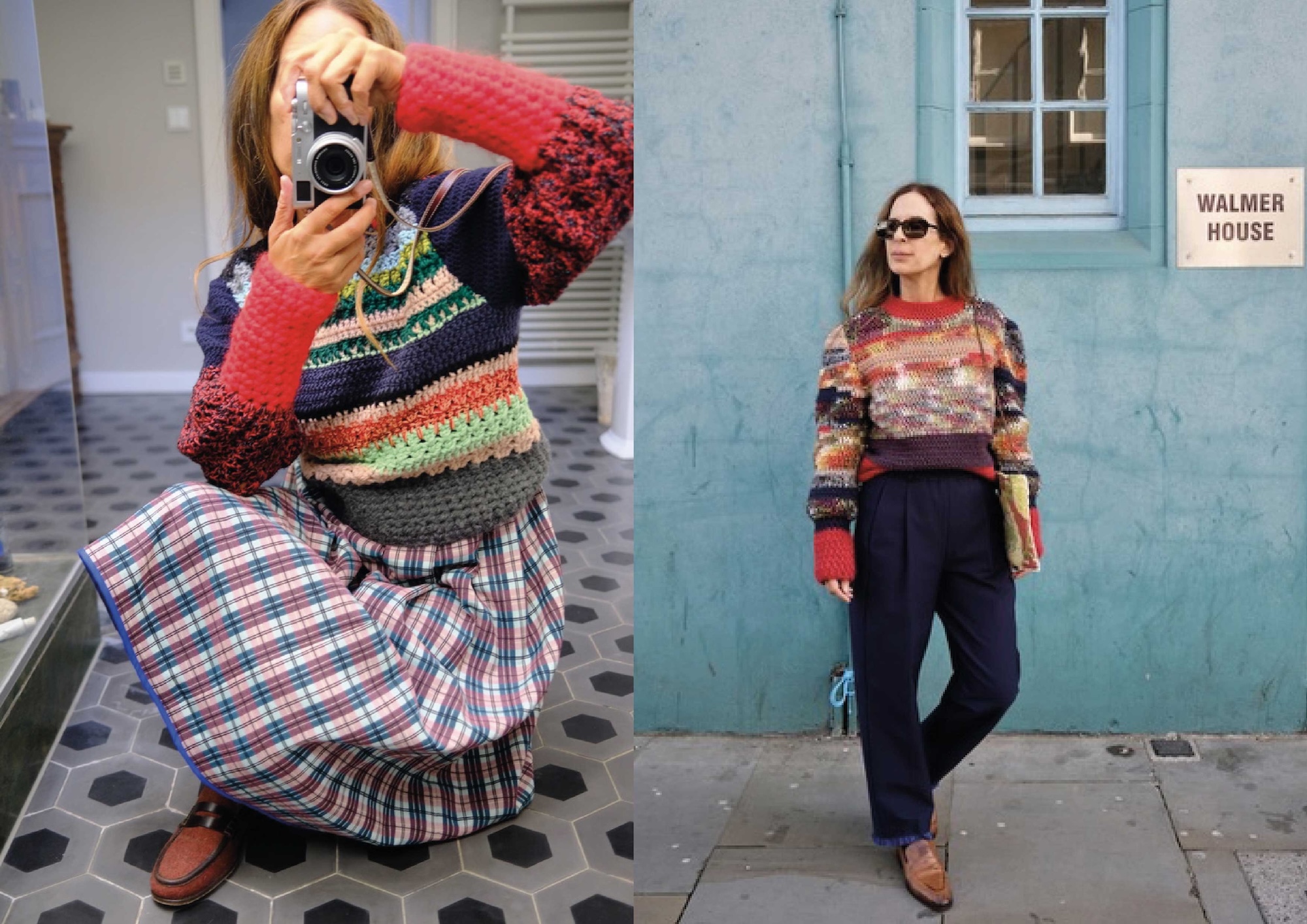 Hand crocheted striped chunky sweater worn over a checked Dirndl skirt, and a colourful crocheted sweater with navy trousers