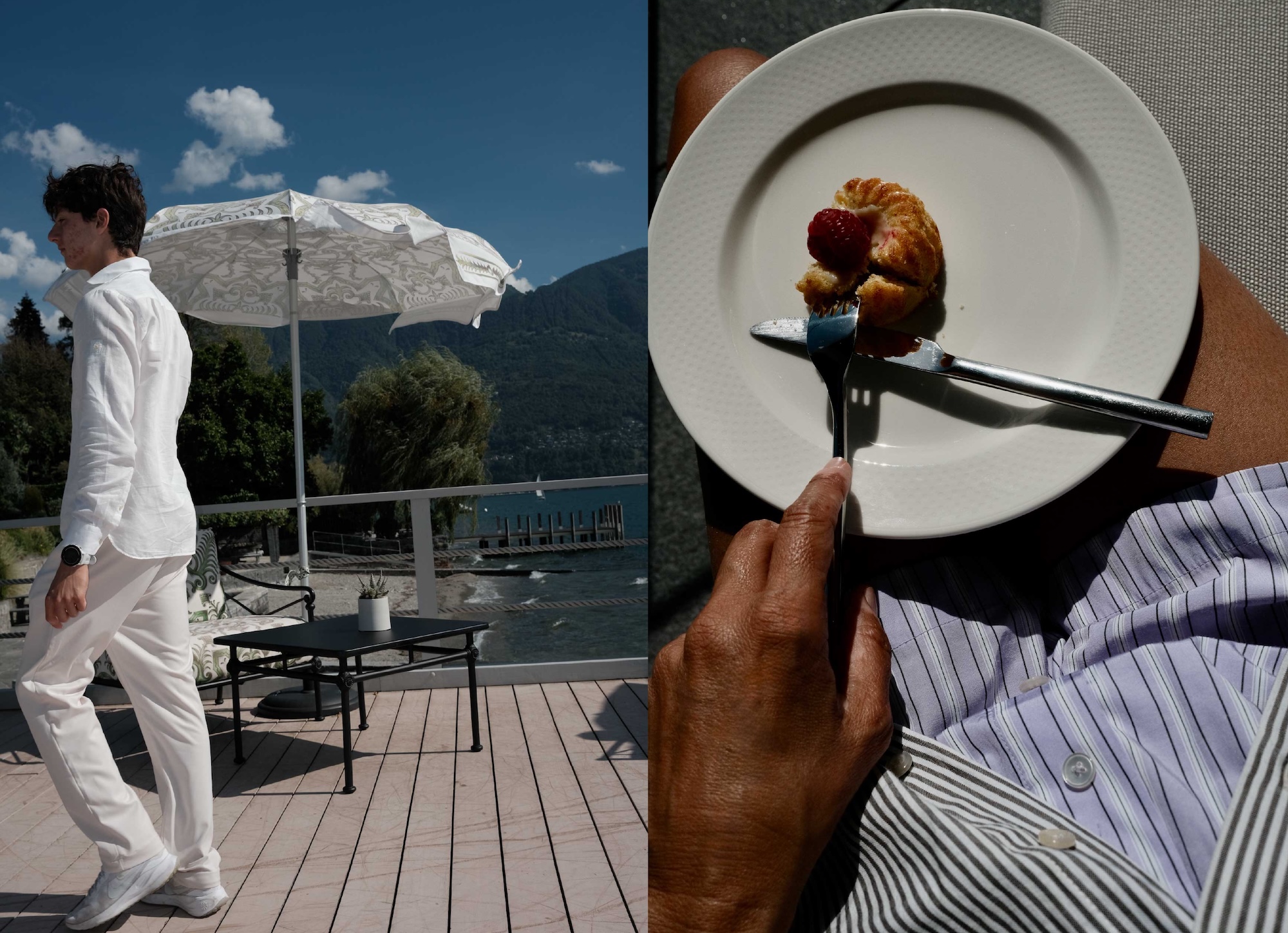A guest in white walking towards the terrace at dusk, and a forkful of dessert with a fresh raspberry