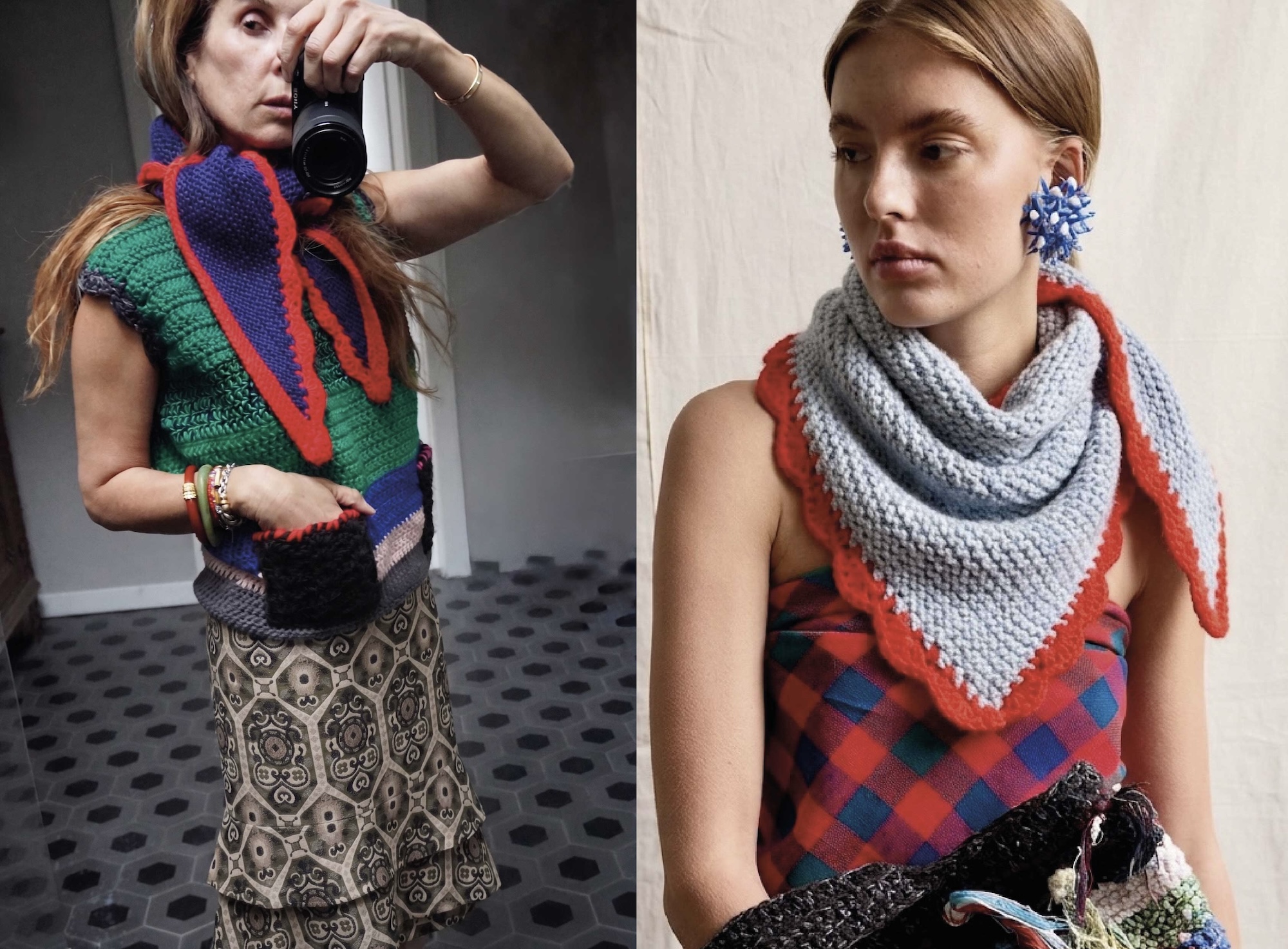 Hand crocheted triangle scarves in blue and light blue with red scalloped edges, worn with crochet knitwear and a checked Dirndl
