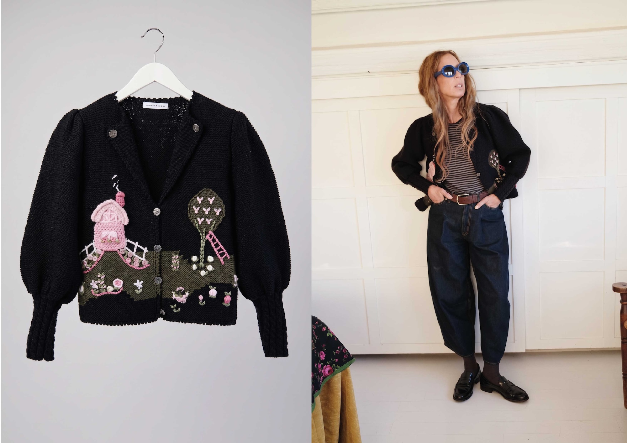 Black knitted Trachtenjacke with puffed sleeves and hand embroidered house, tree and flowers, worn with barrel leg denim and a striped top