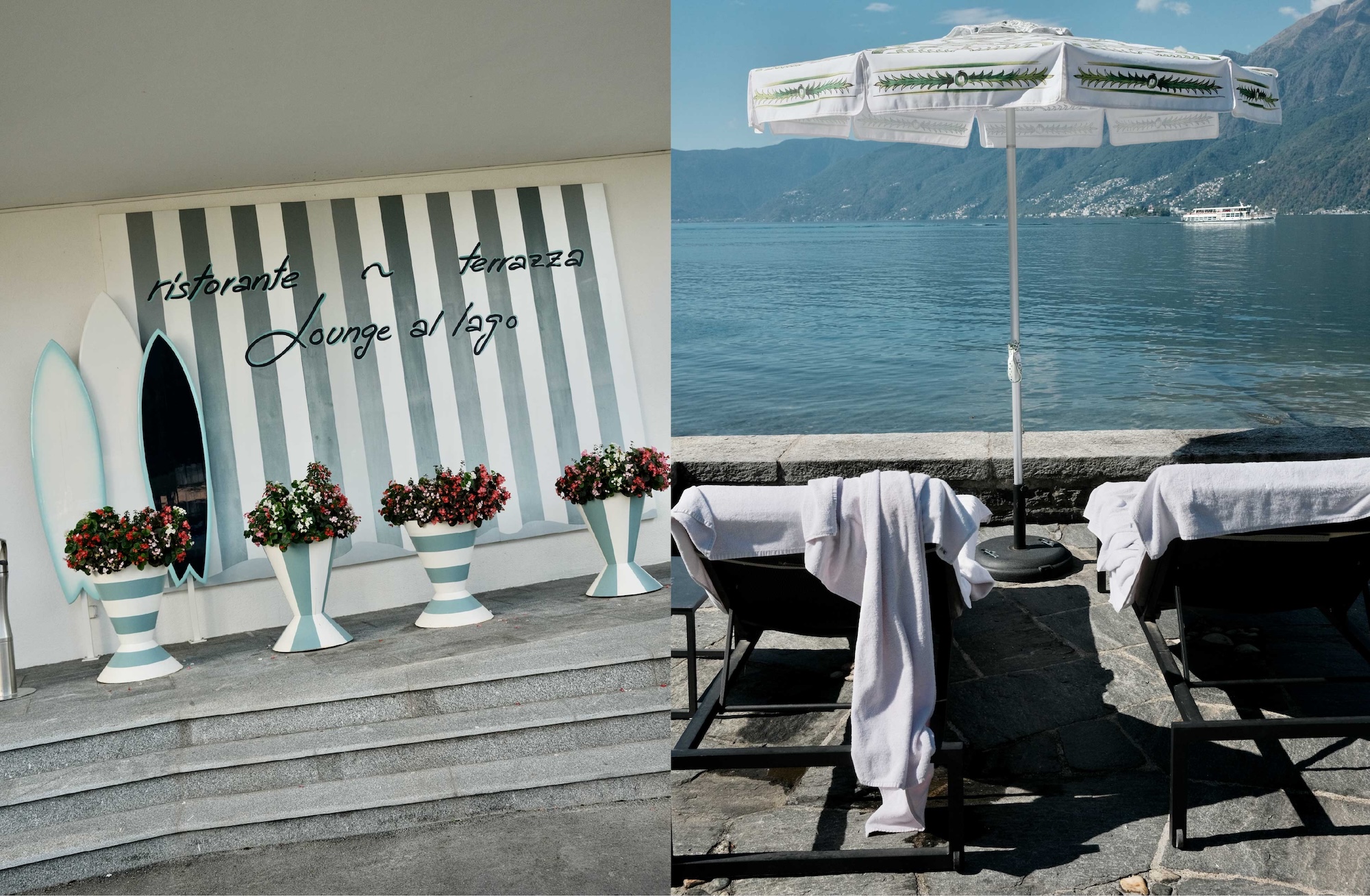 Painted lakeside signage reading ristorante, terrazza, lounge al lago, next to towel-draped loungers by the water