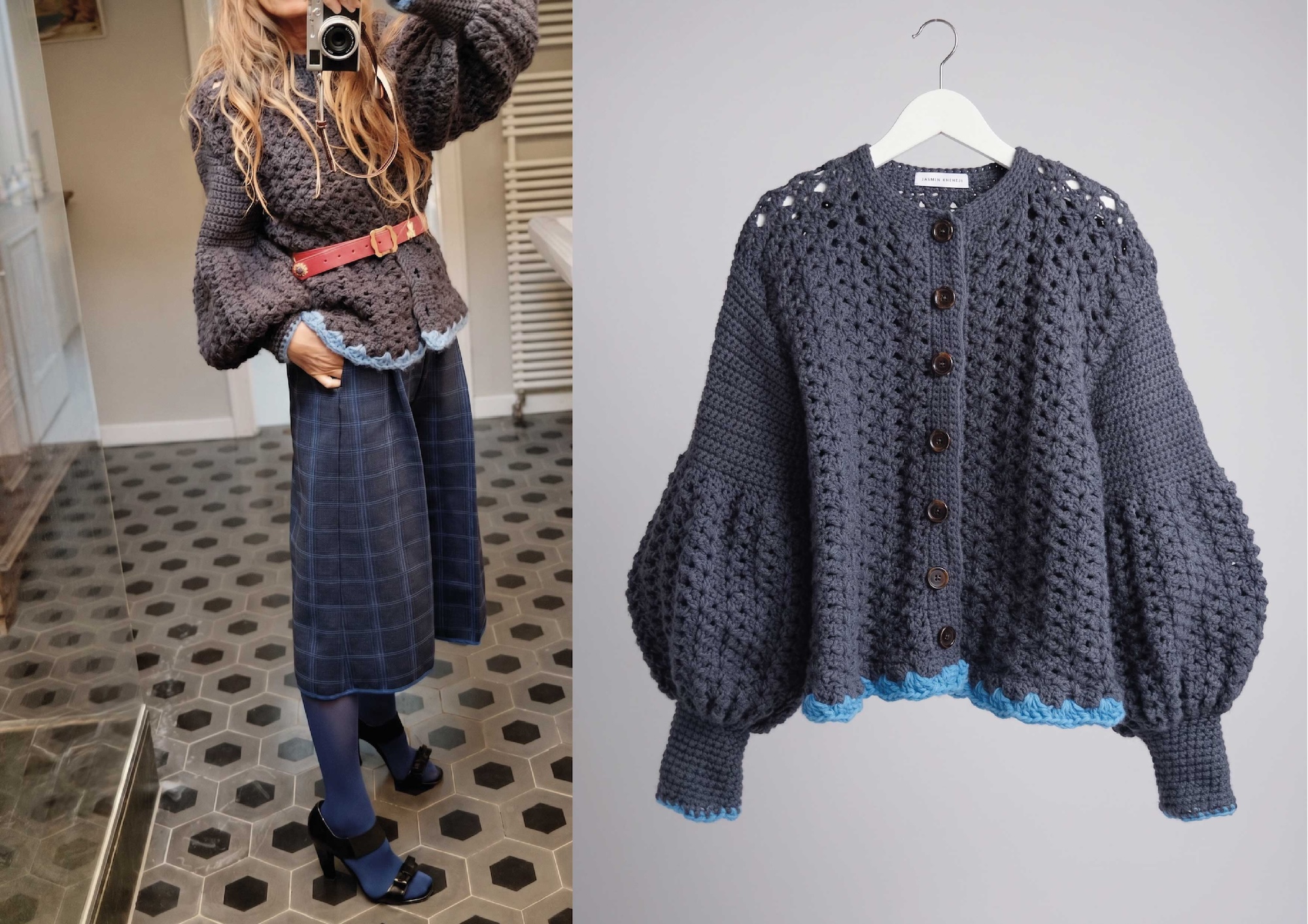 Marine blue hand crocheted cardigan with trumpet sleeves and sky blue scalloped hem, belted over navy check skirt trousers