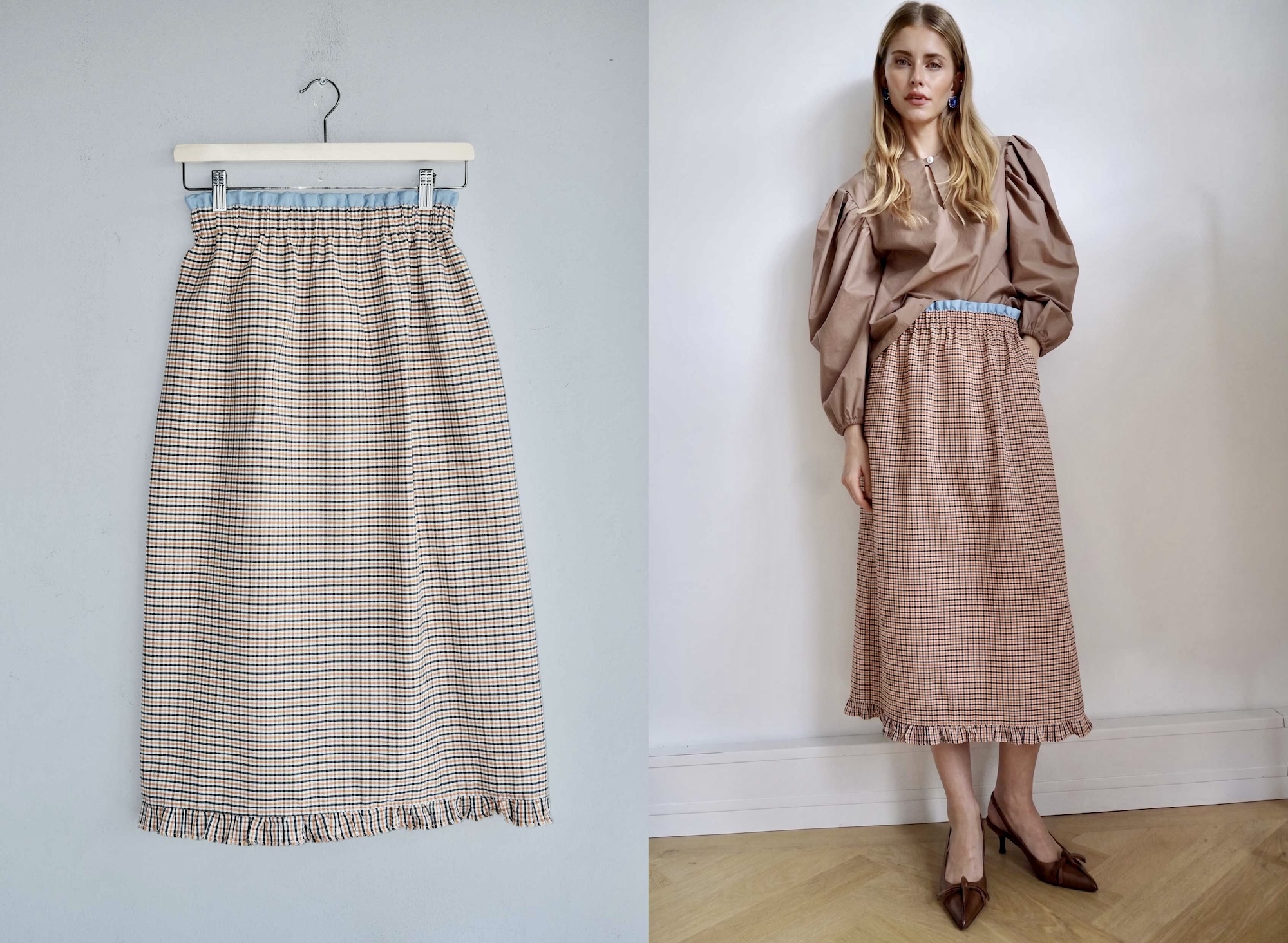 Checked pencil skirt Mady with ruffle hem and sky blue elastic waistband, worn with a brown puff sleeve blouse
