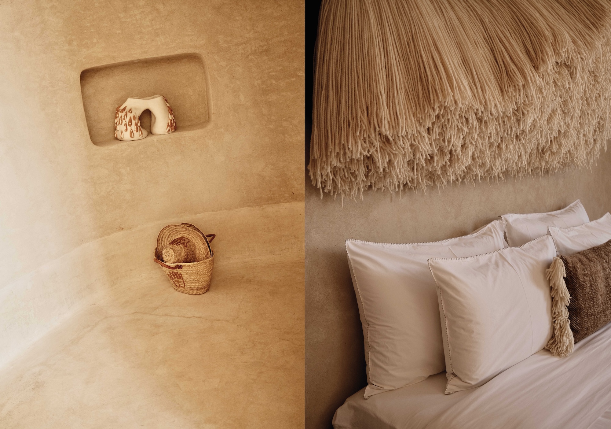 Farasha Farmhouse suite nook with ceramic sculpture and straw basket, and bed with linen pillows