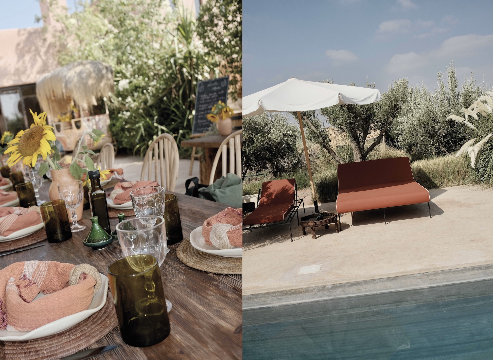 Outdoor dining table with sunflowers and poolside lounge seating at Farasha Farmhouse