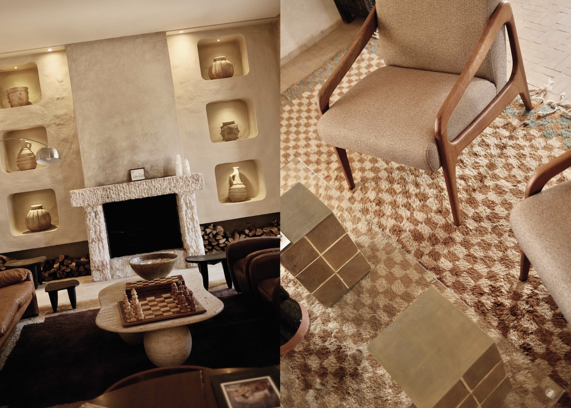 Farasha Farmhouse living room with fireplace and pottery collection