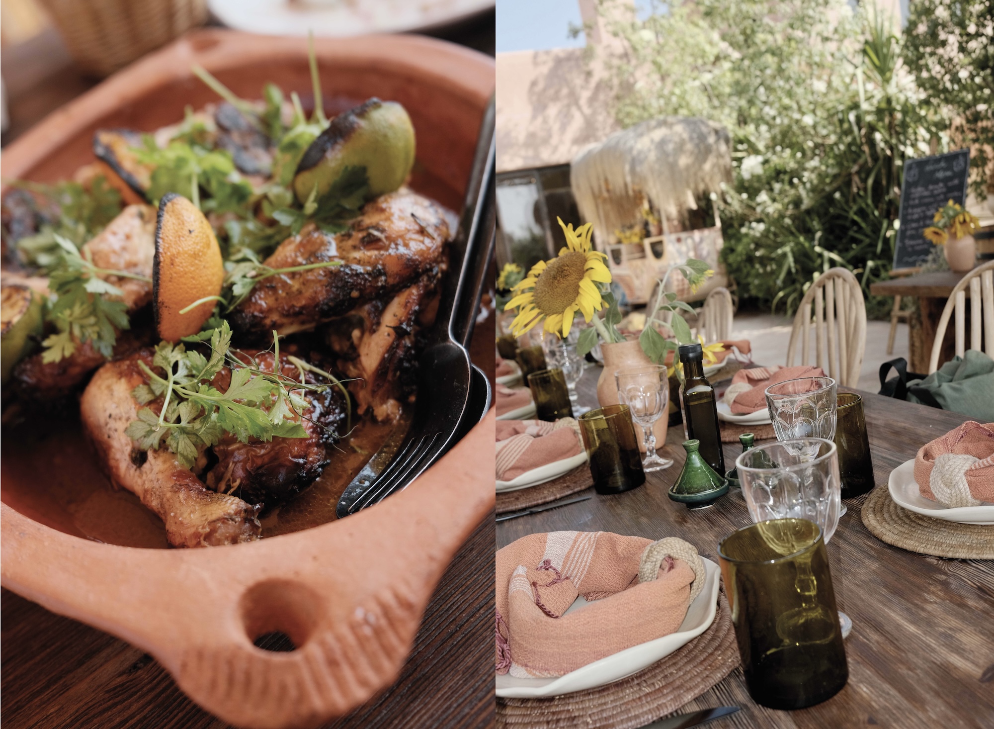 Tagine dish and outdoor dining table at Farasha Farmhouse