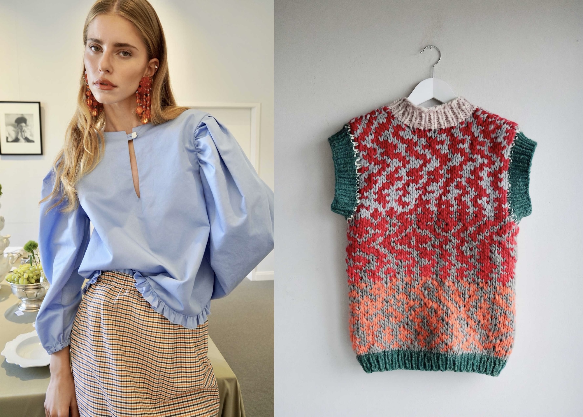Signature blouse and hand knitted vest from the Fall collection