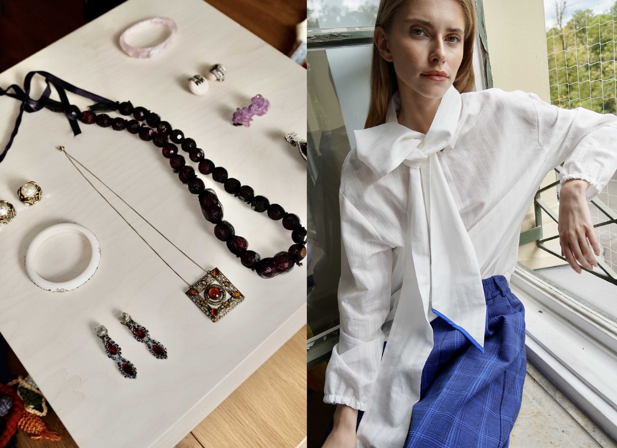 Vintage jewellery, signature blouse and corduroy trousers