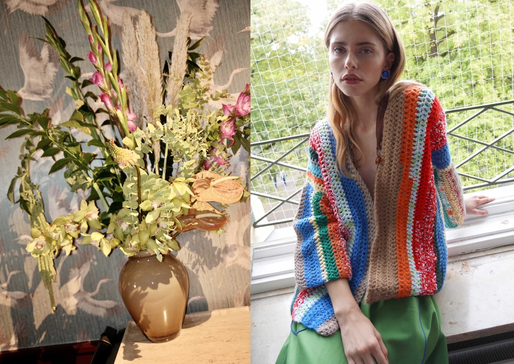 Salon c/o florals and a striped crochet cardigan