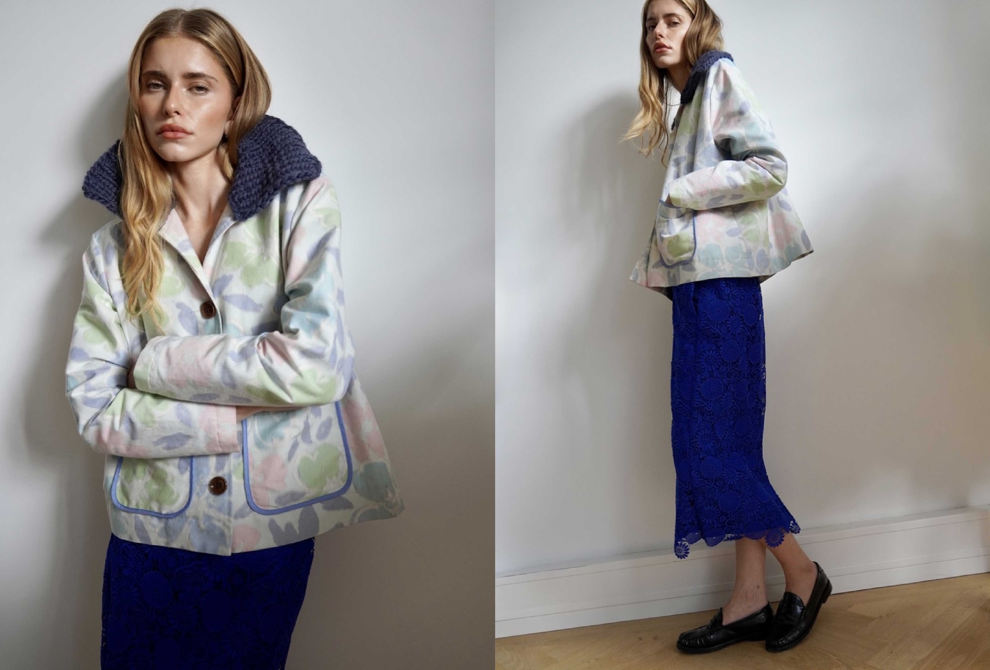 New jacket with hand knitted collar over the Dirndl capsule lace skirt