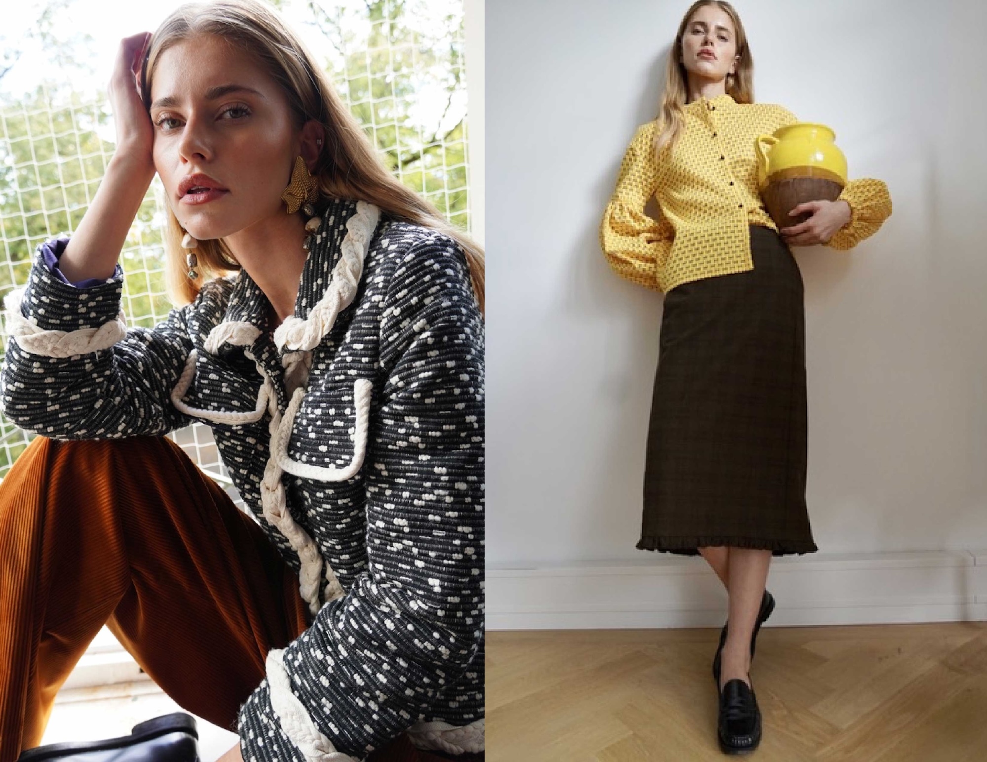 Tweed jacket and textured blouse closing the Fall edit