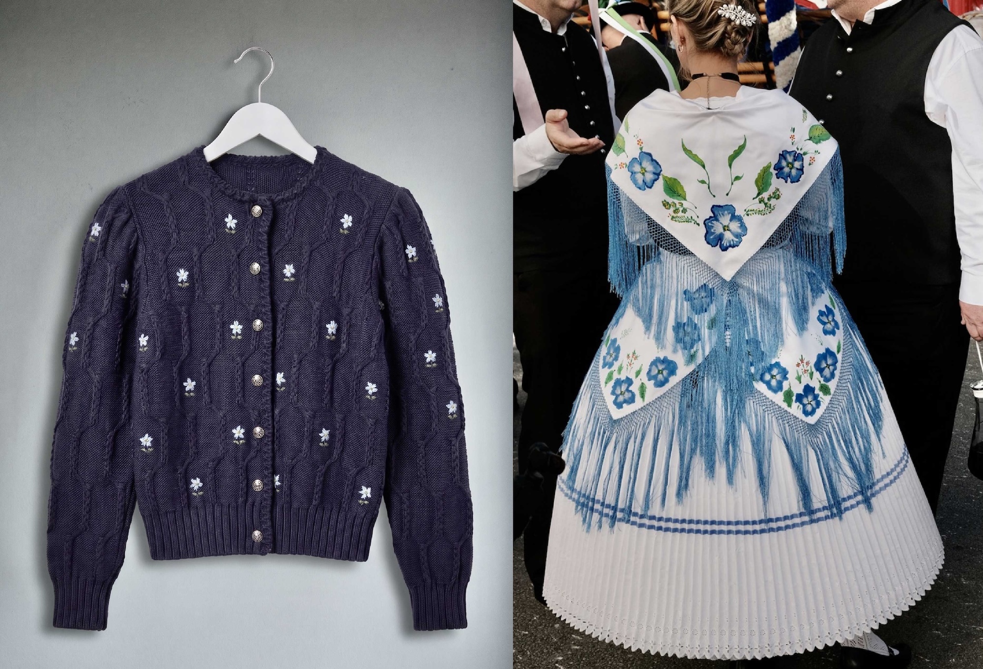 A hand-embroidered cardigan from IRMA'S ARCHIVE beside a marcher's painted shawl