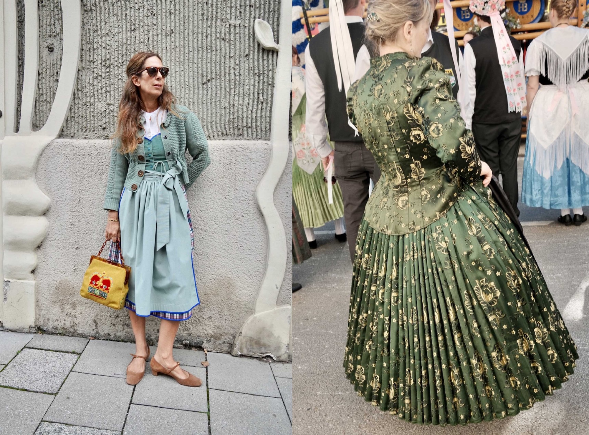 A sage cardigan styled off-duty beside a marcher's brocade bodice