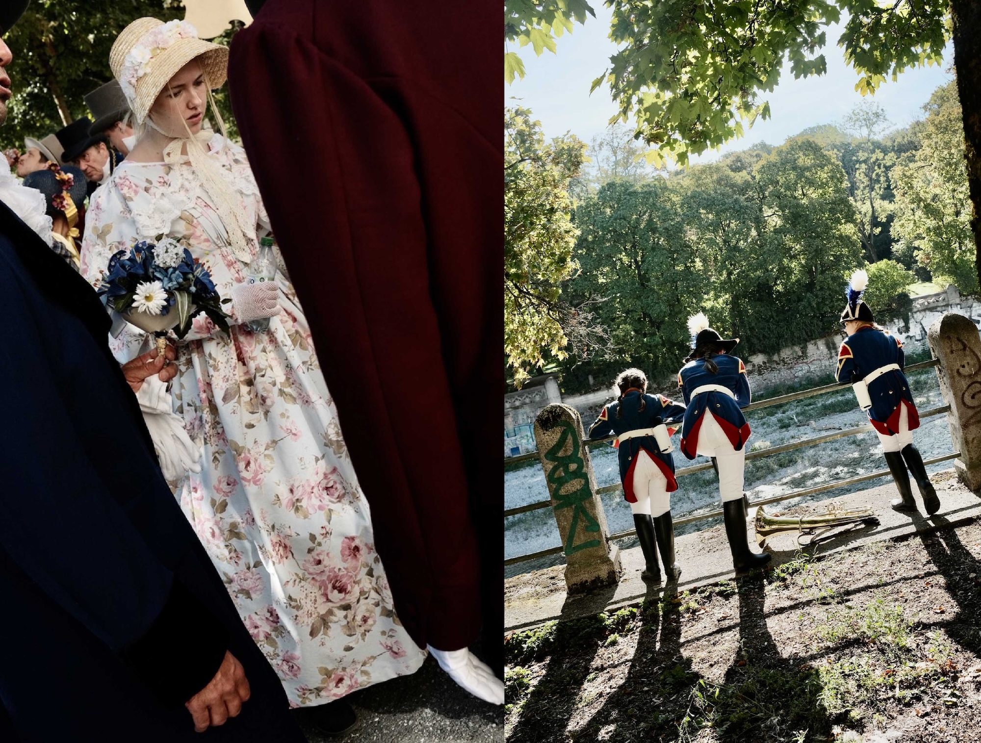 A rose-print gown and young Schützen musicians by the Isar