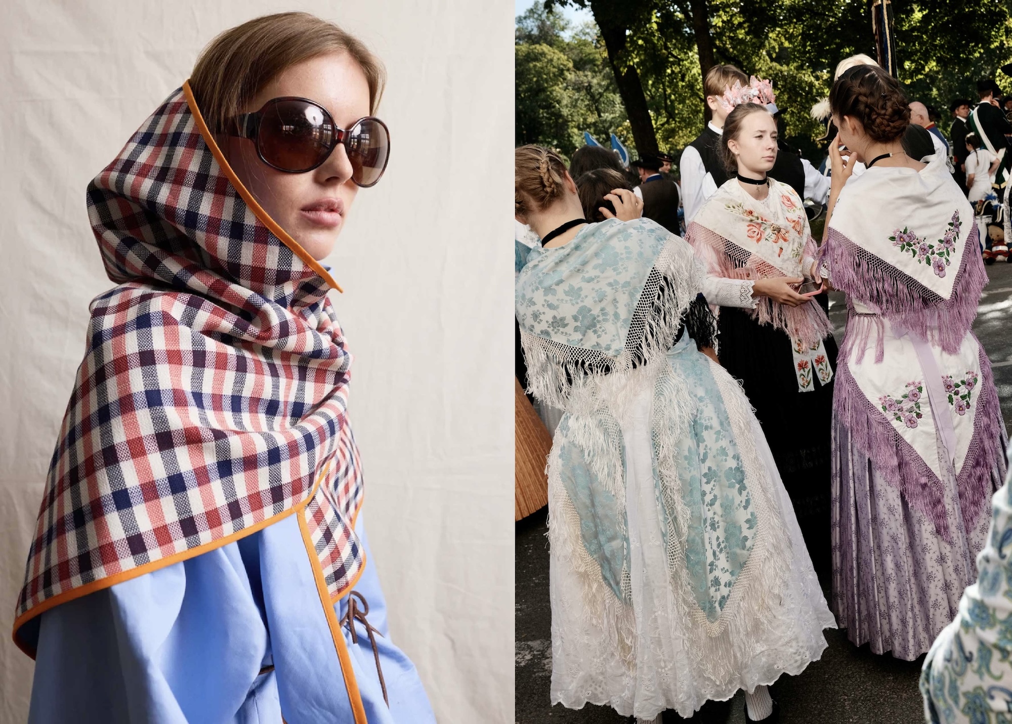Wrapped in a checked wool shawl beside two marchers' fringed shawls