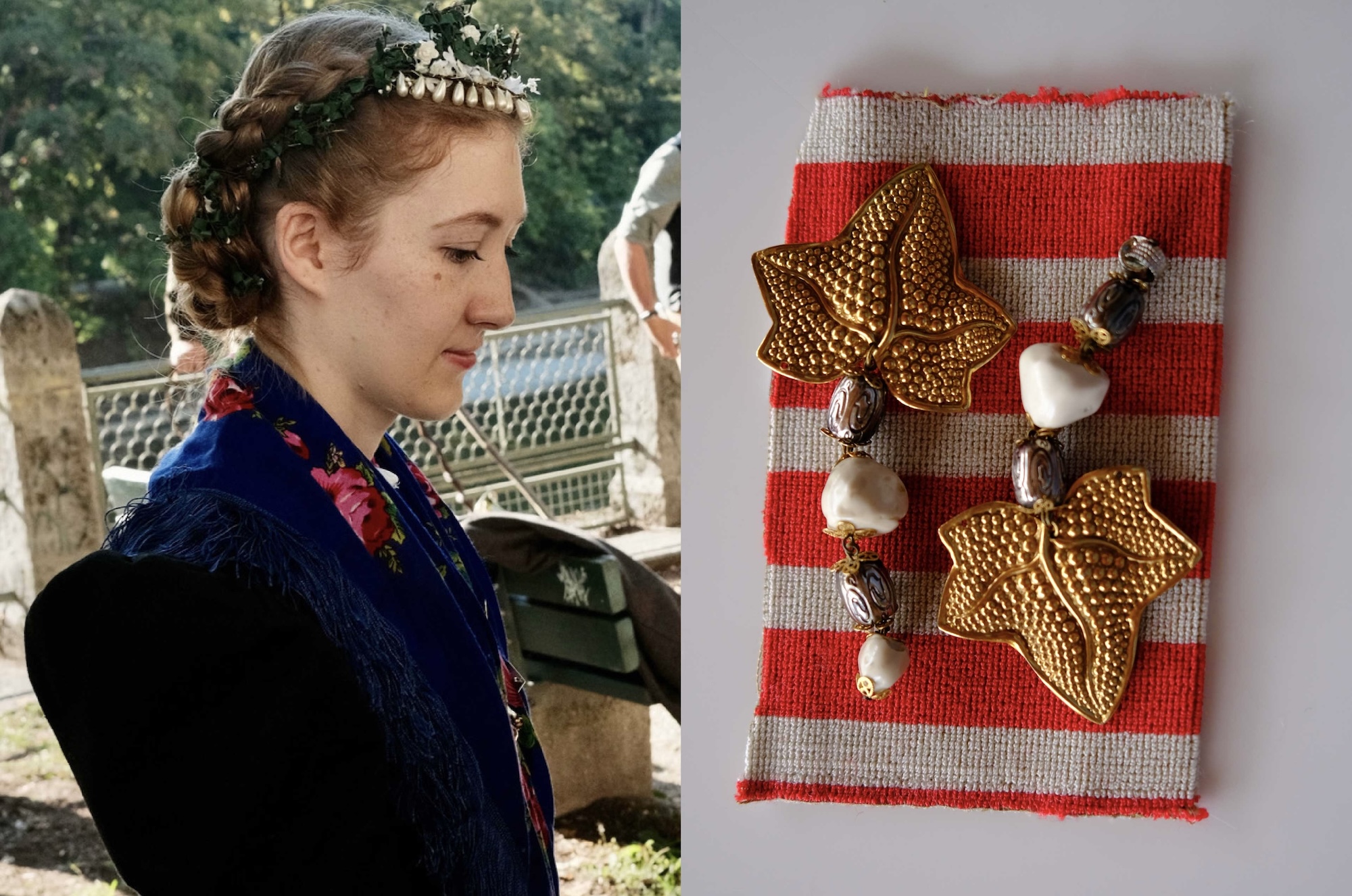 A flower crown and gold ivy-leaf earrings from IRMA'S ARCHIVE