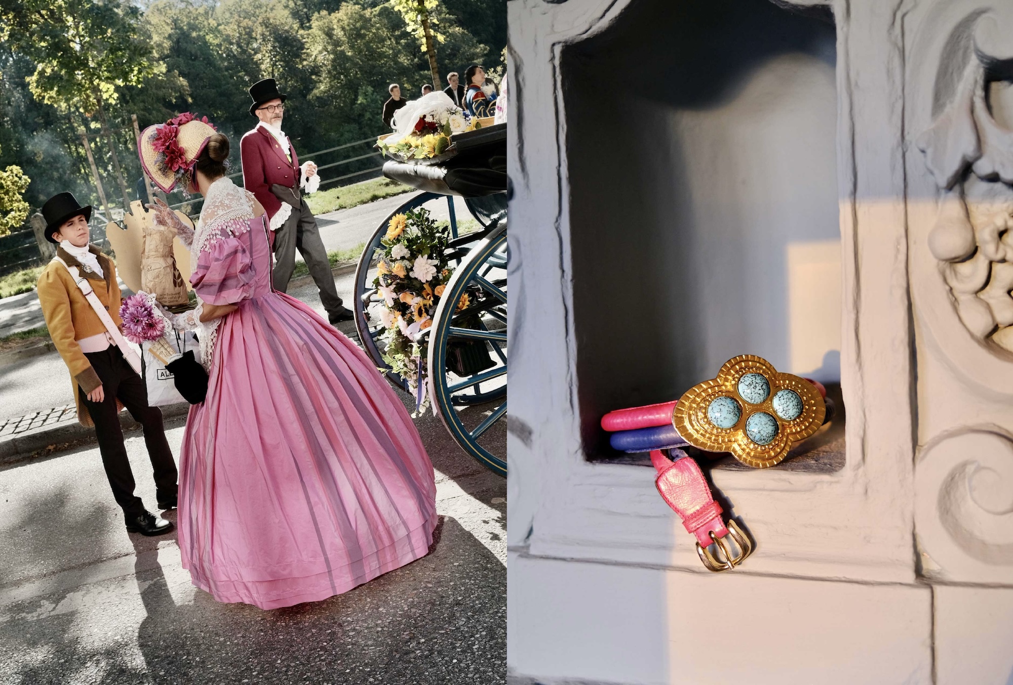 A rose-taffeta gown by the carriage and an antique belt buckle from IRMA'S ARCHIVE