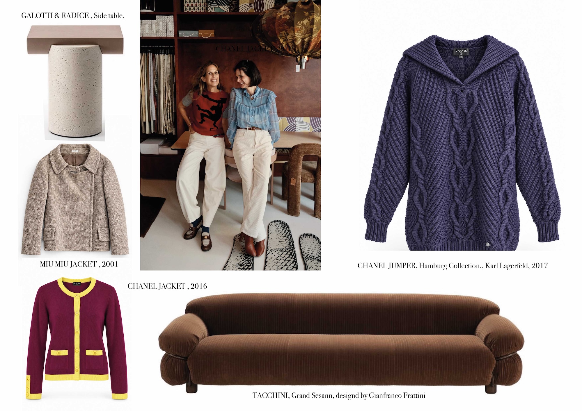 Galotti and Radice side table, Miu Miu and Chanel vintage pieces and the Tacchini Grand Sesann sofa