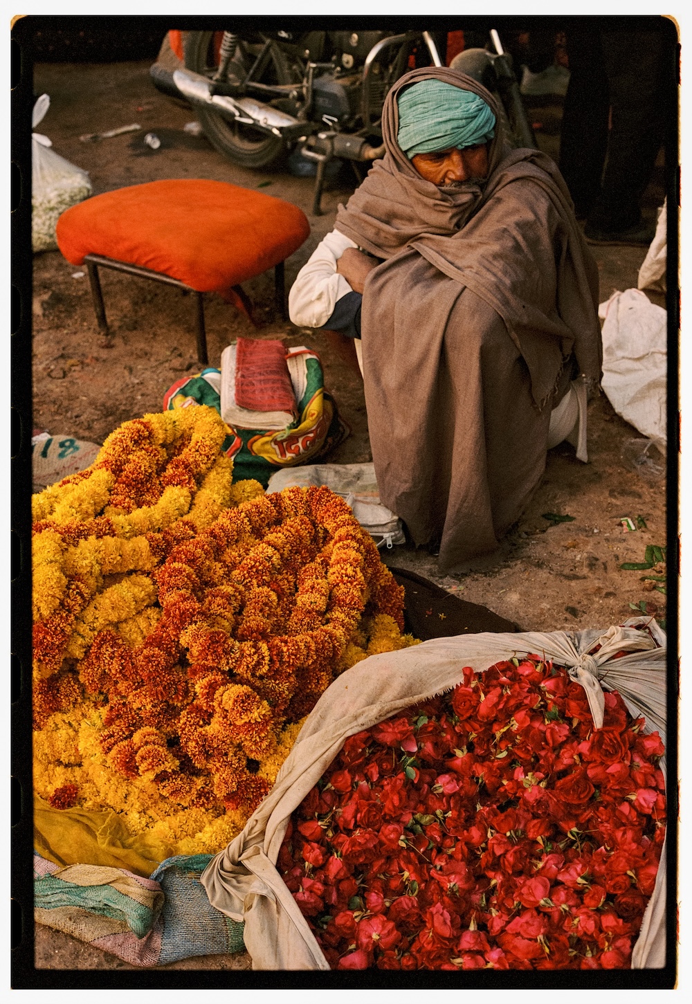 A trader with marigold garlands and roses at the market in Jaipur