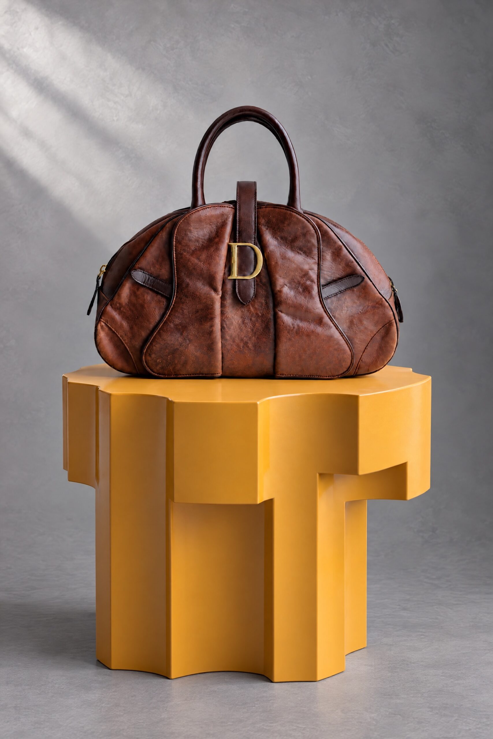 Vintage Dior Saddle bag on a yellow sculptural side table